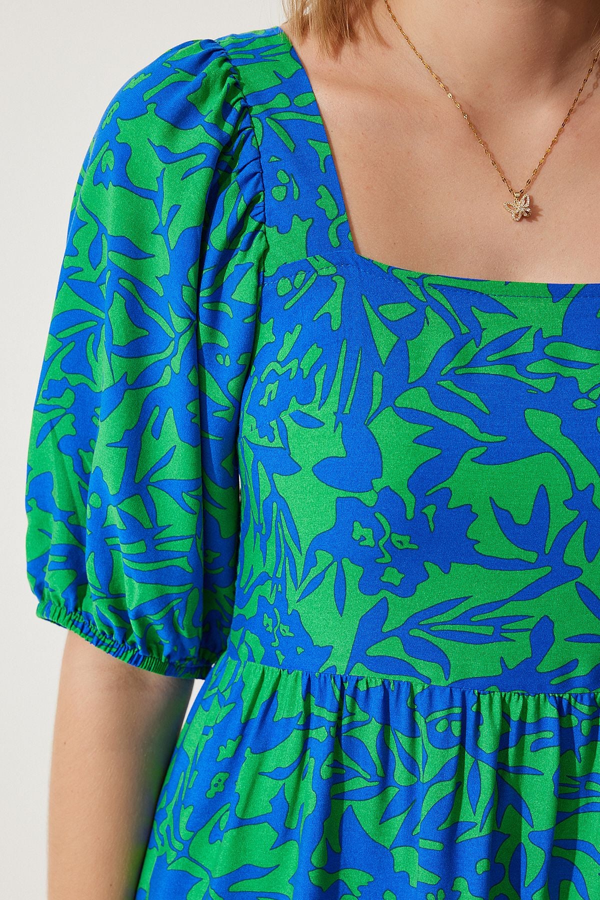 Woman Blue Green Square Balloon Sleeve viscose dress CI00107