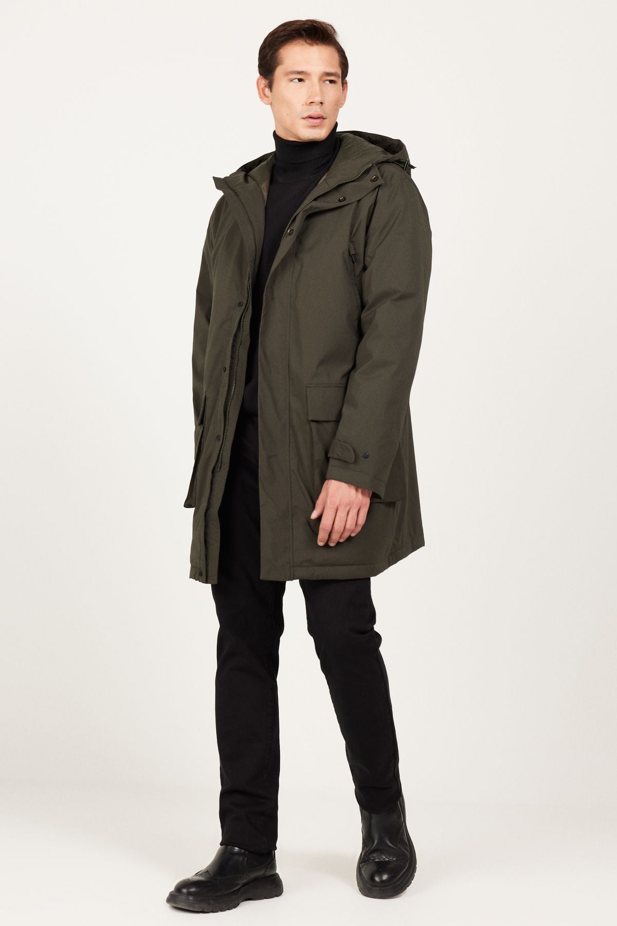 Male Khaki Standard Fit Normal Cut Hooded Coat