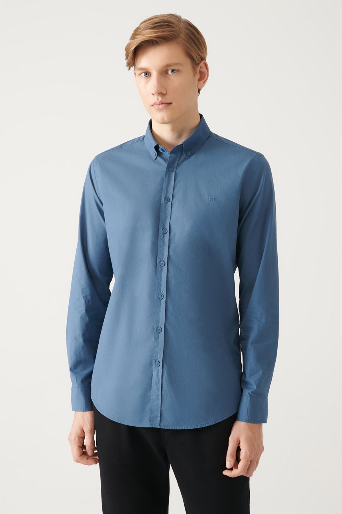 Men's Indigo Buttoned Neck Basic 100 %Cotton Shirt B002030