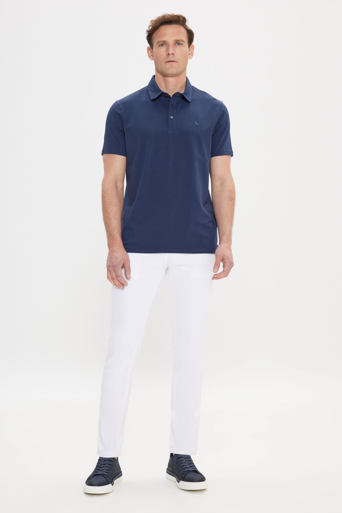 Men's navy blue slim fit narrow cut polo collar cotton t -shirt