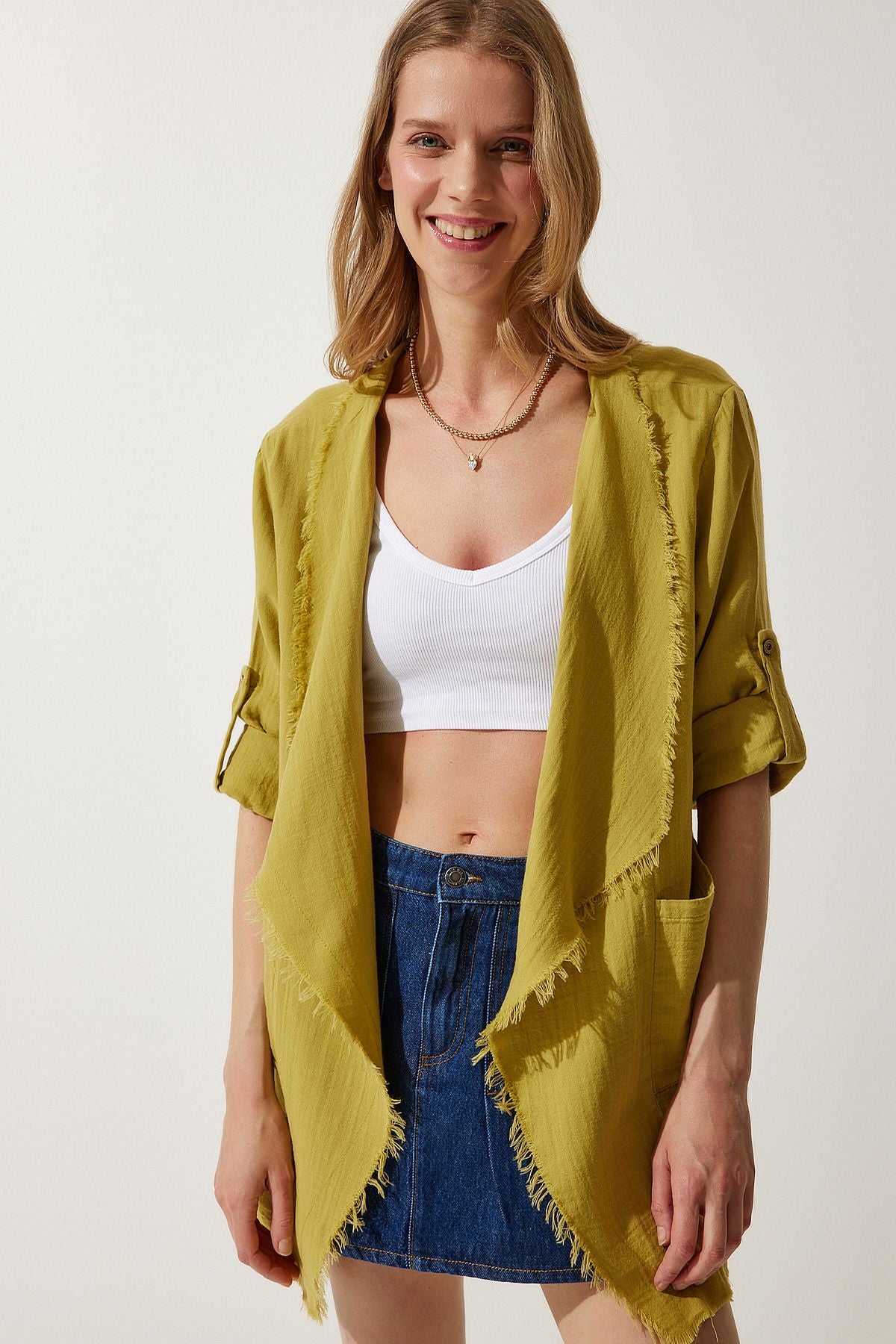 Female Fat Green Eaves Detailed Asymmetric Muslin Jacket SA00020
