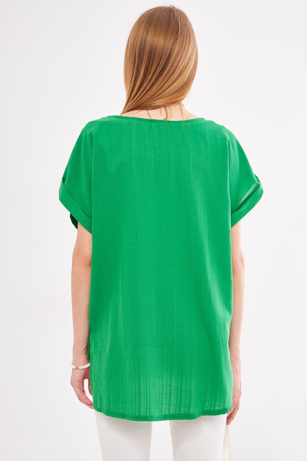 Female Green V-Neck Side Slip Behind Long Duble Arm Detailed Oversiz Blouse ARM-24Y001074