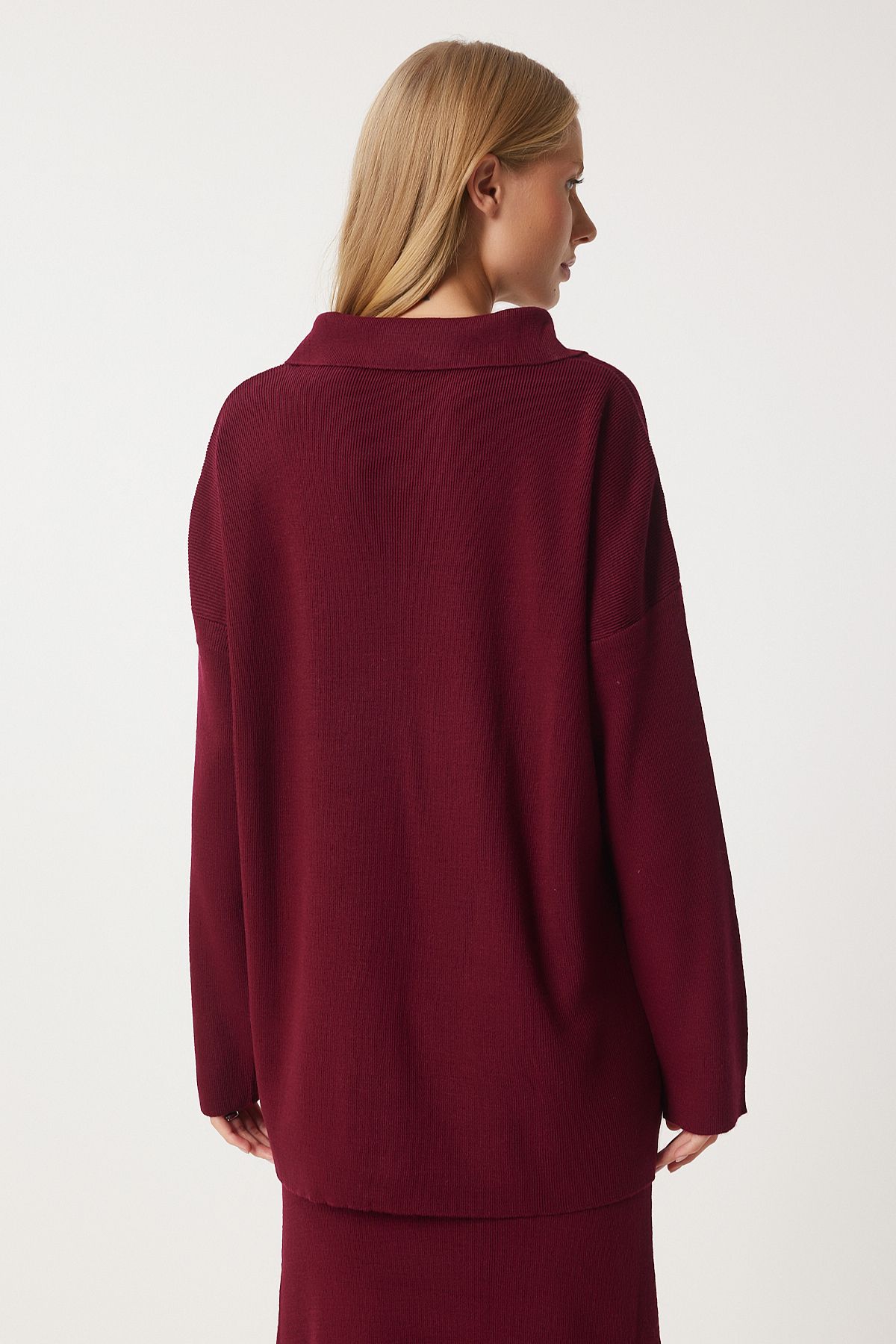 Female Bordeaux Polo Yaka knitwear cardigan skirt set PF00090