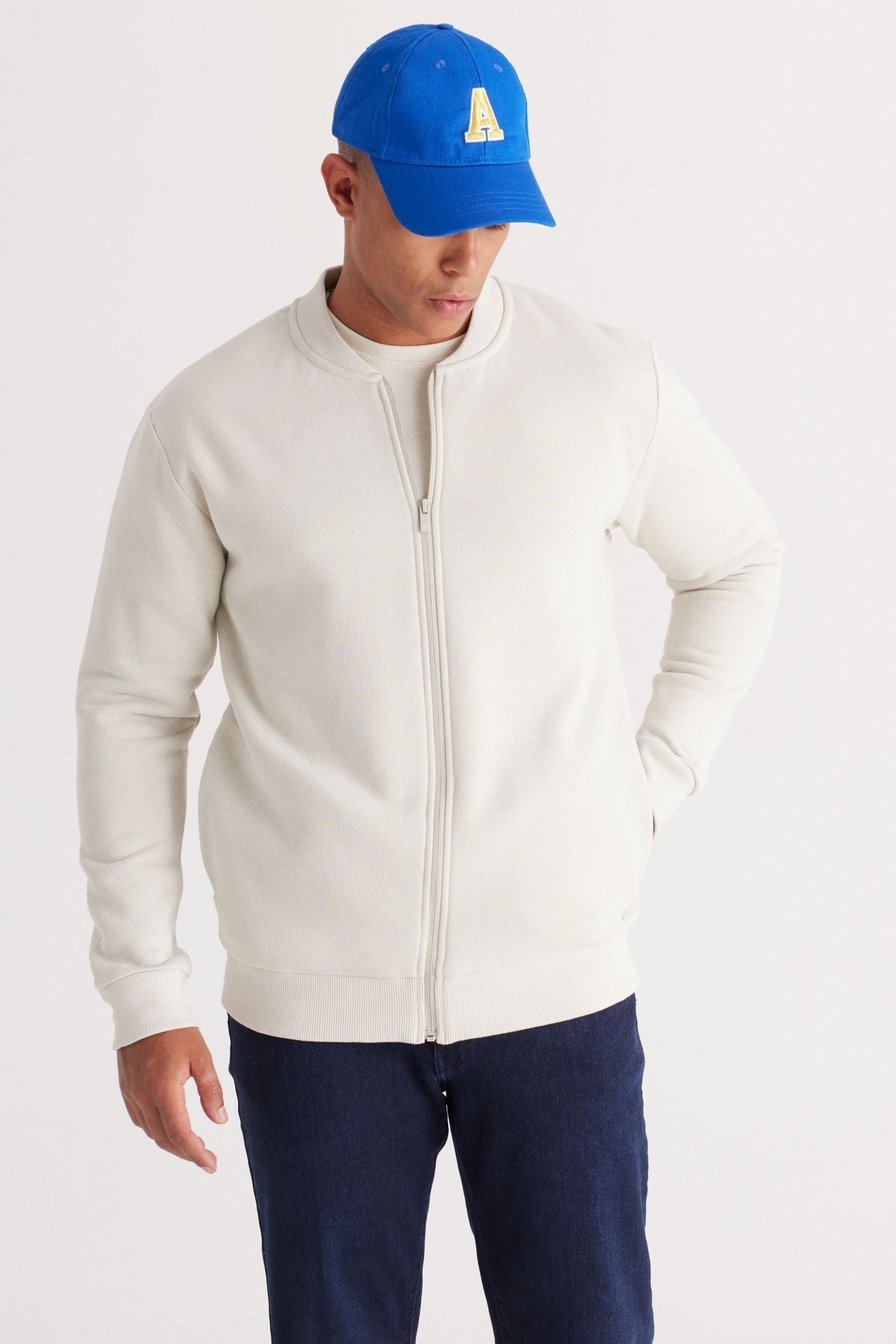 Men's Beige Standard Fit Normal Cut Içi Polar 3 IP College Cotton Cotton Sweatshirt Jacket