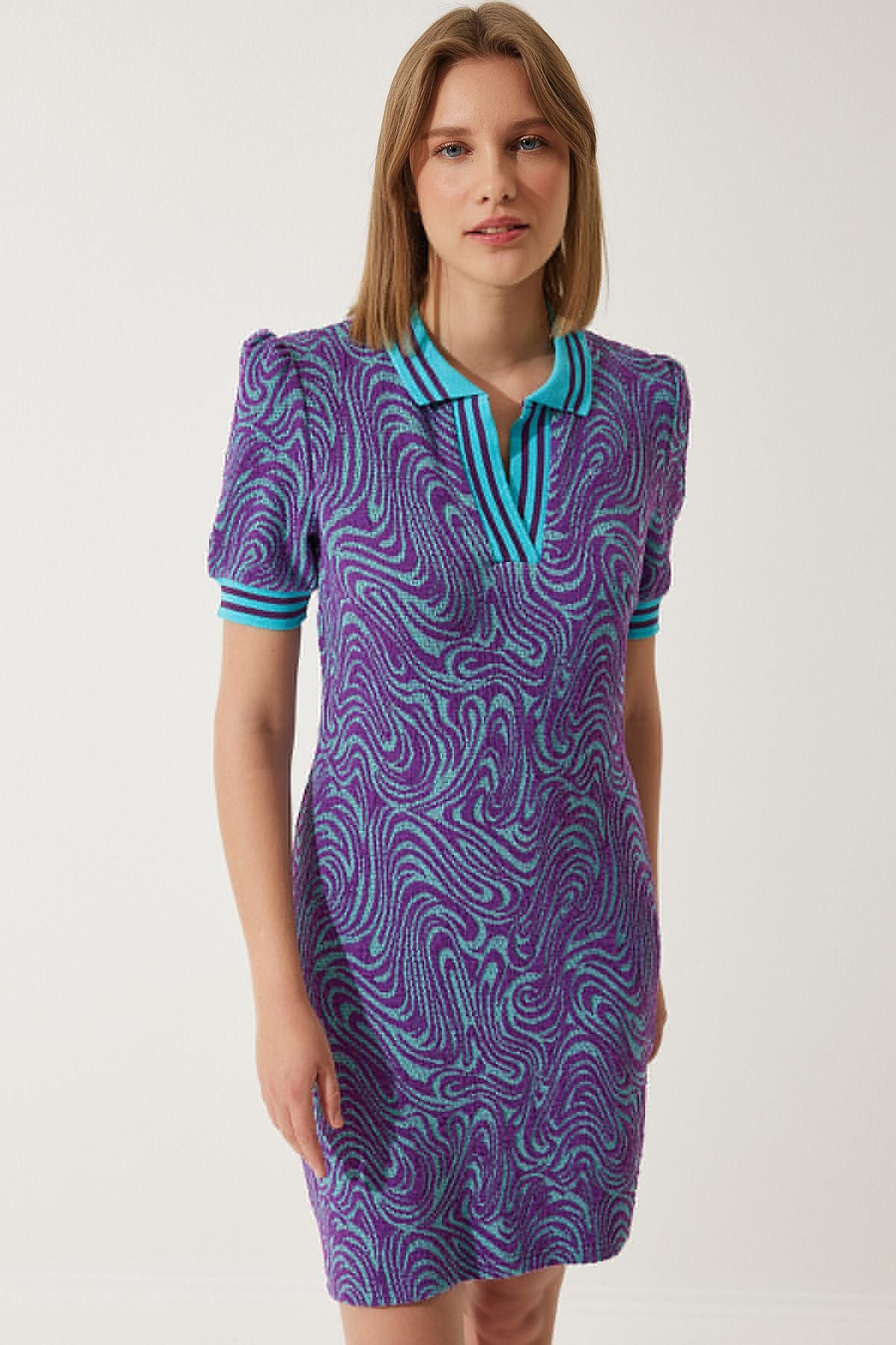 Woman Purple Patterned Polo Yaka knitwear dress NV00069