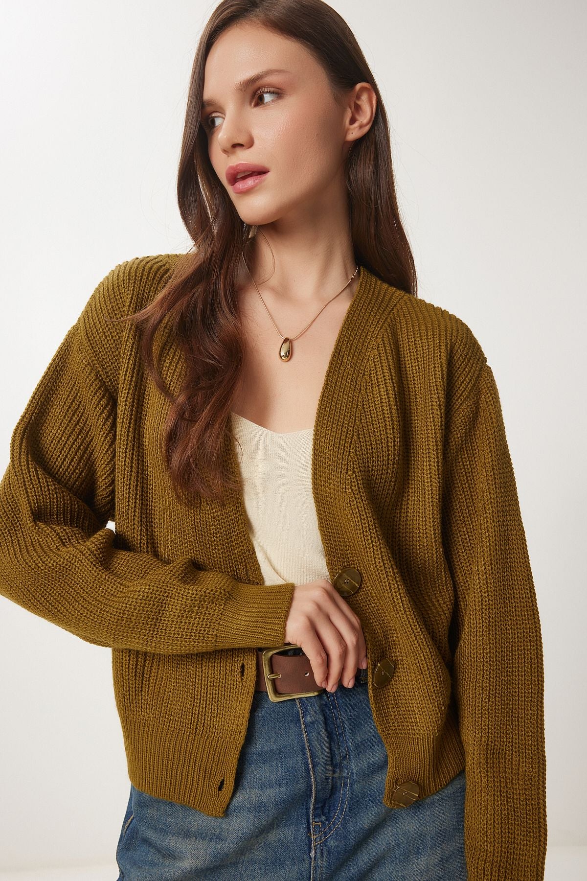 WOMEN'S OLIVE GREEN V -YAKA BUTTON knitwear cardigan MX00175