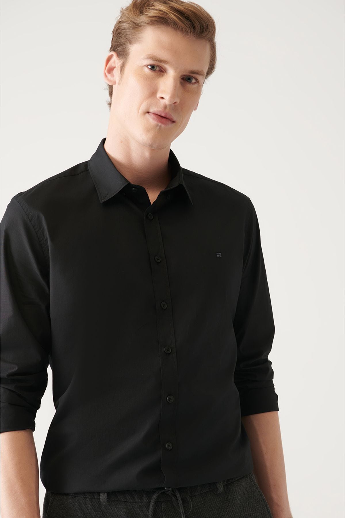 Men's black button collar basic 100 %cotton shirt B002030