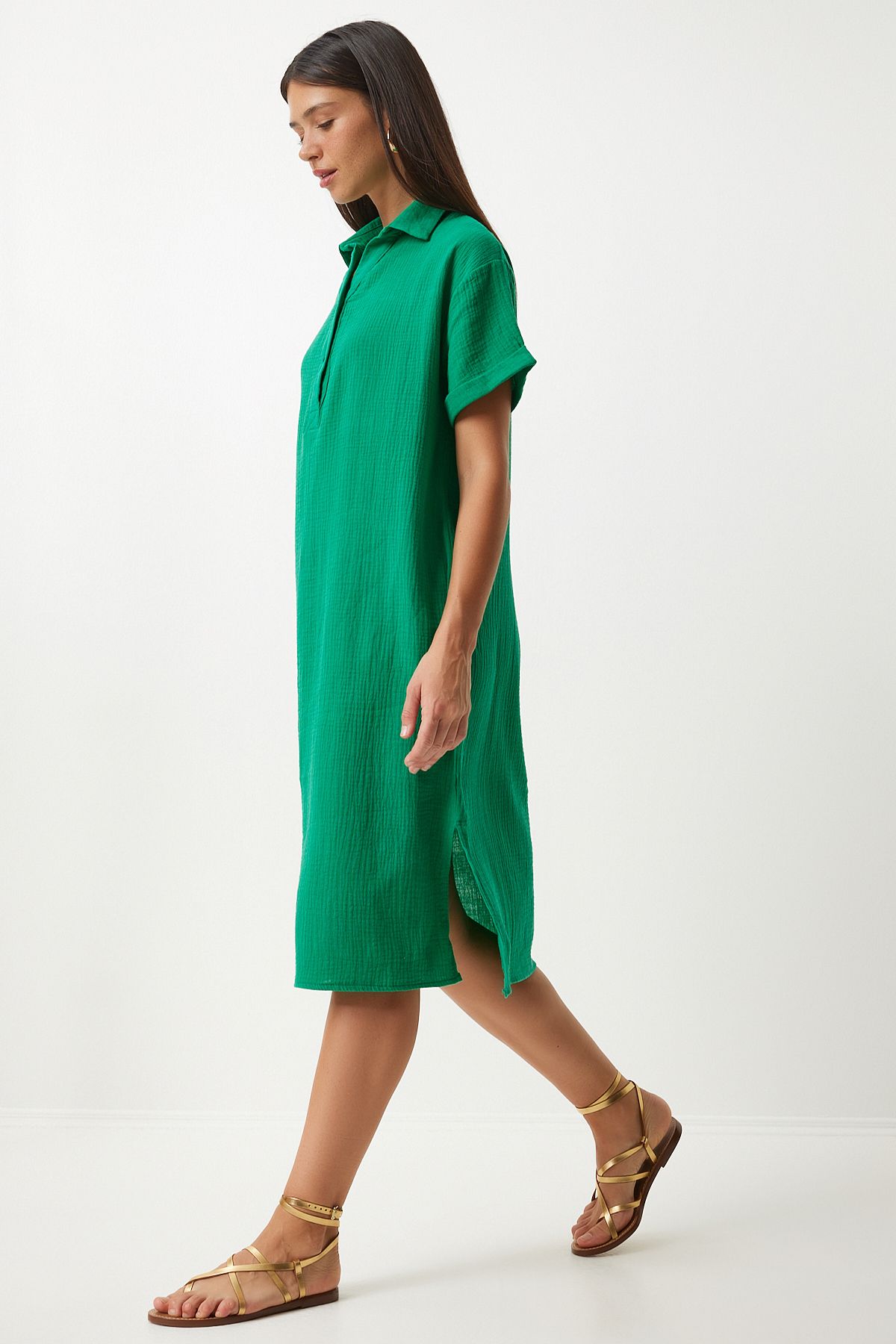 Woman Green Polo Yaka Summer Plenty Muslin Dress to00135