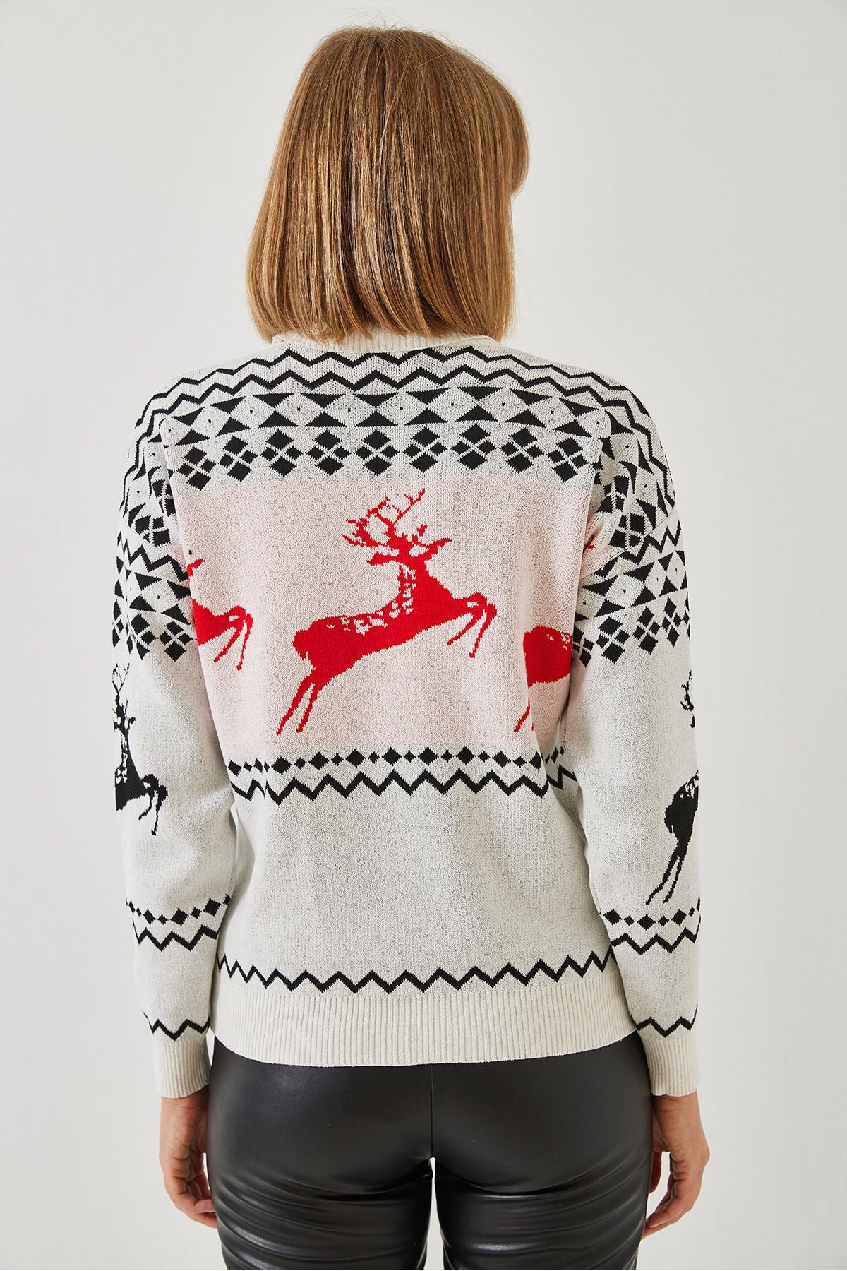 Female Fisherman Neck Deer Patterned Knitwear Kazakh 20246224