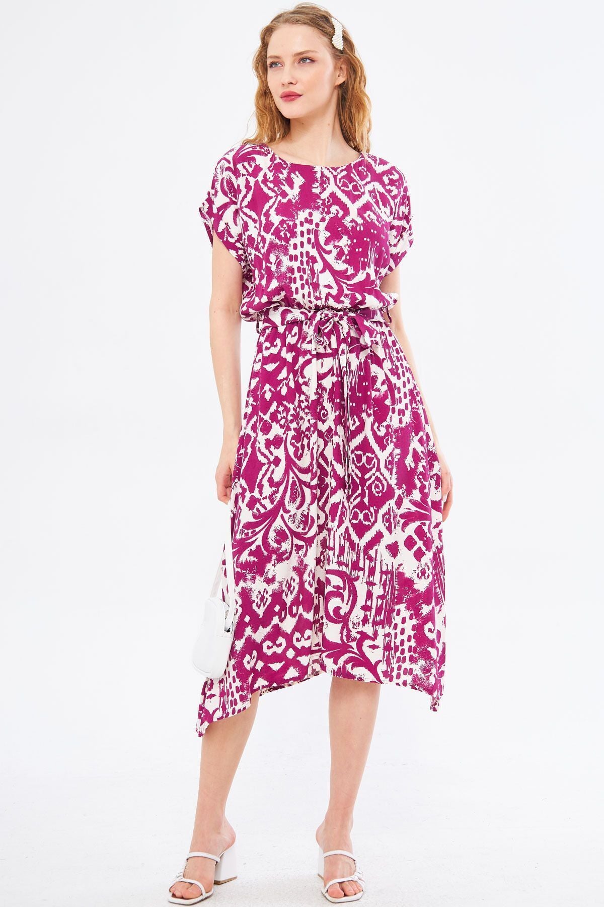 Woman Purple Waist Title Tinded Patterned Dress ARM-221044