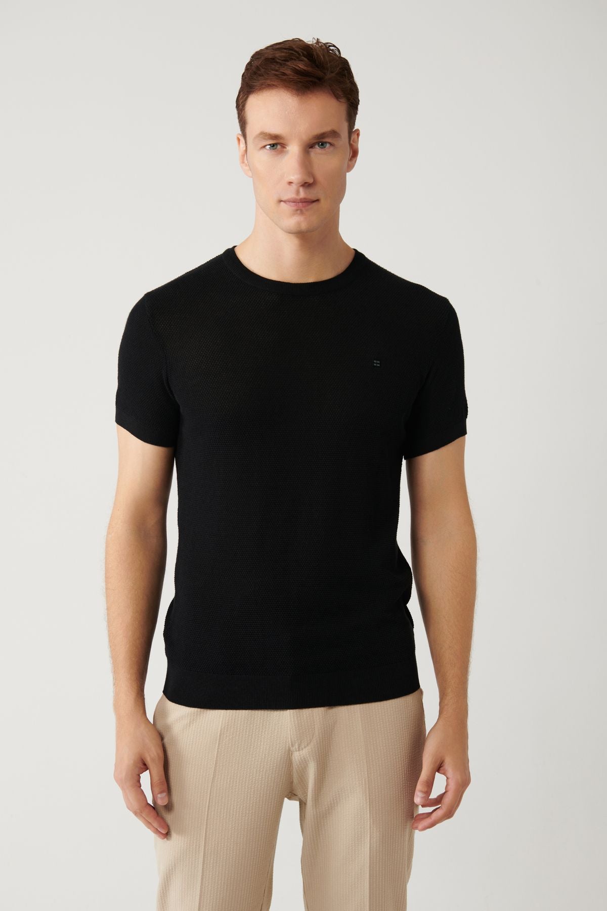 Men's Black Modal Bicycle Collar textured riban knitwear T-shirt B005010