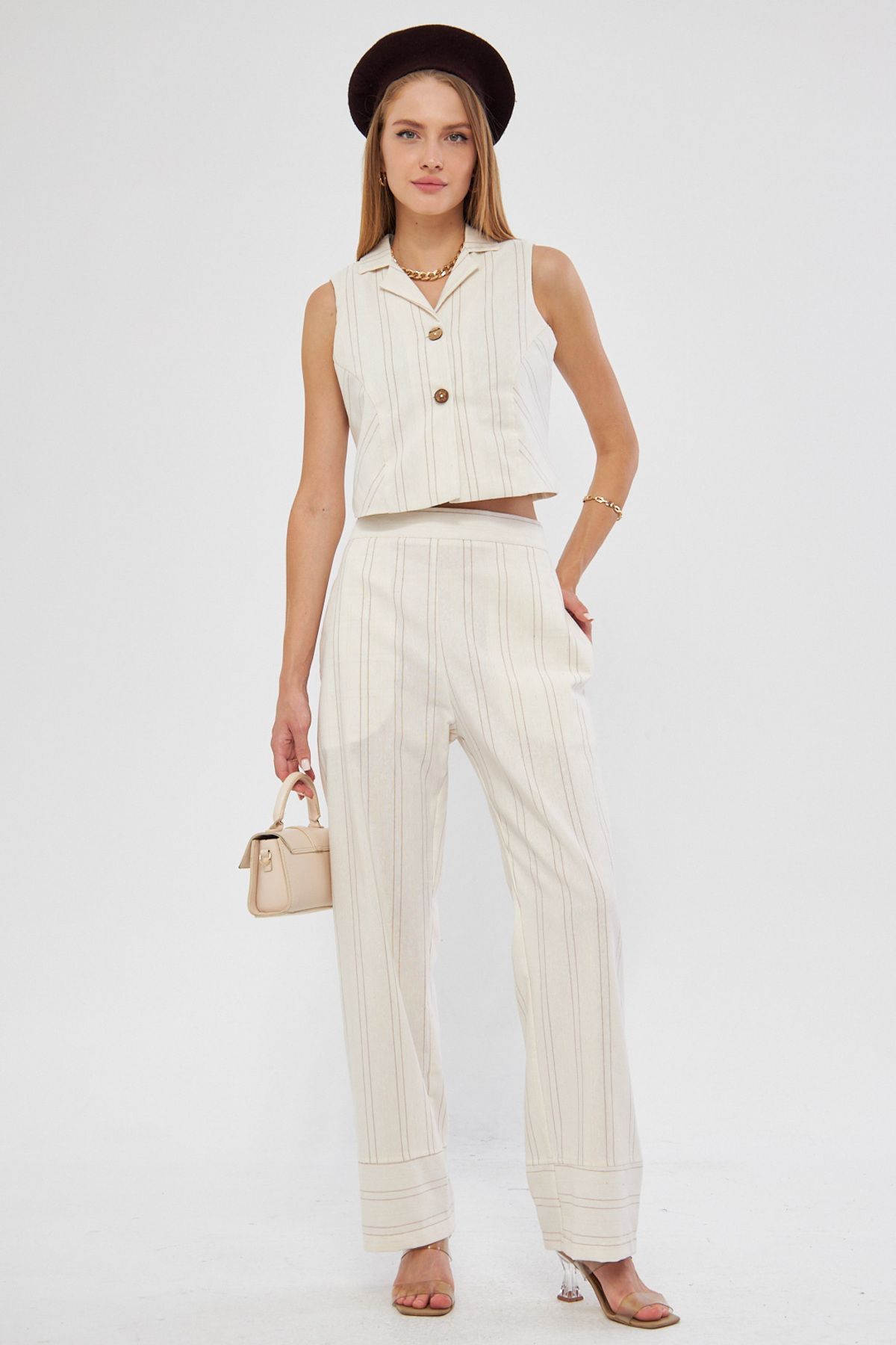 Female Beige Men's Collar Buttoned Vest Pants Binary Set ARM-24Y001114