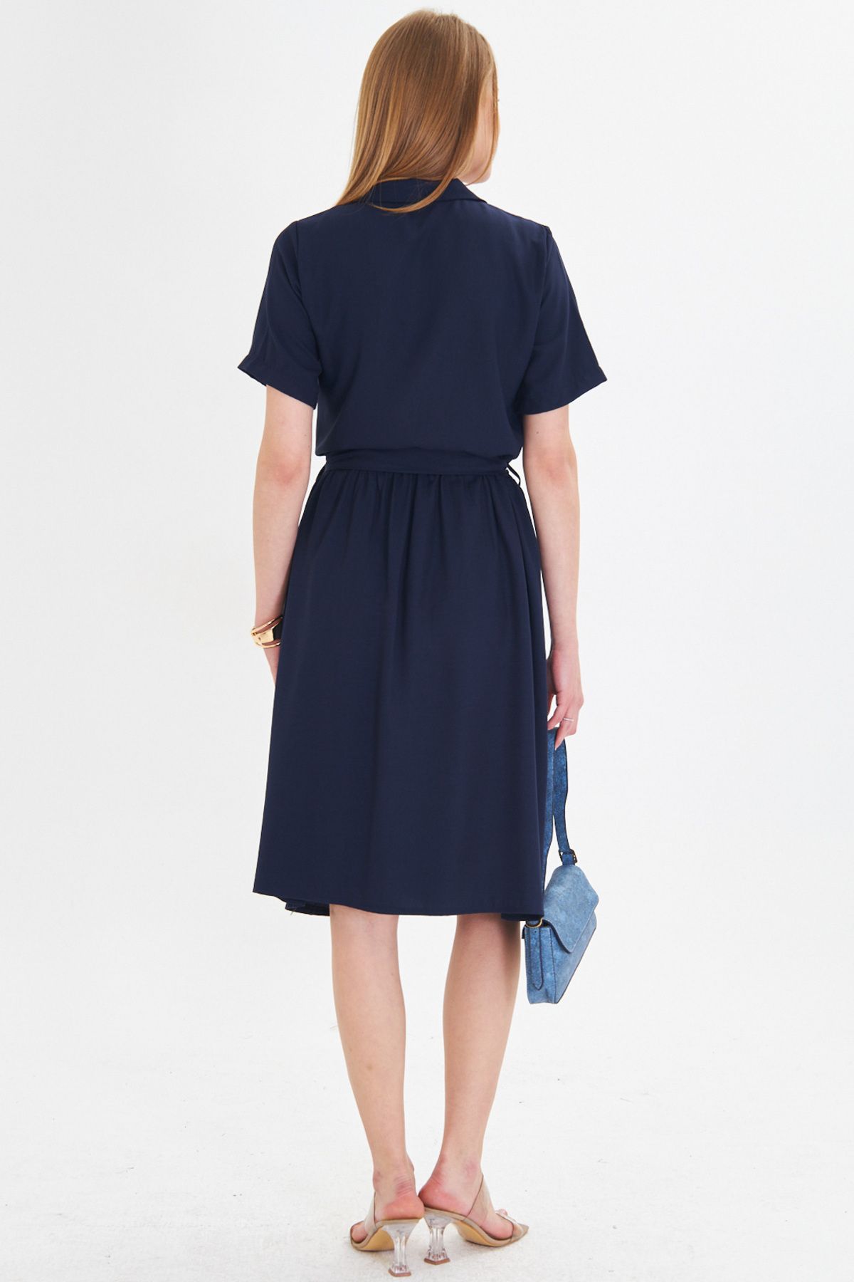 Woman Navy blue front buttoned waist shirred belt midi size dress ARM-24Y001068