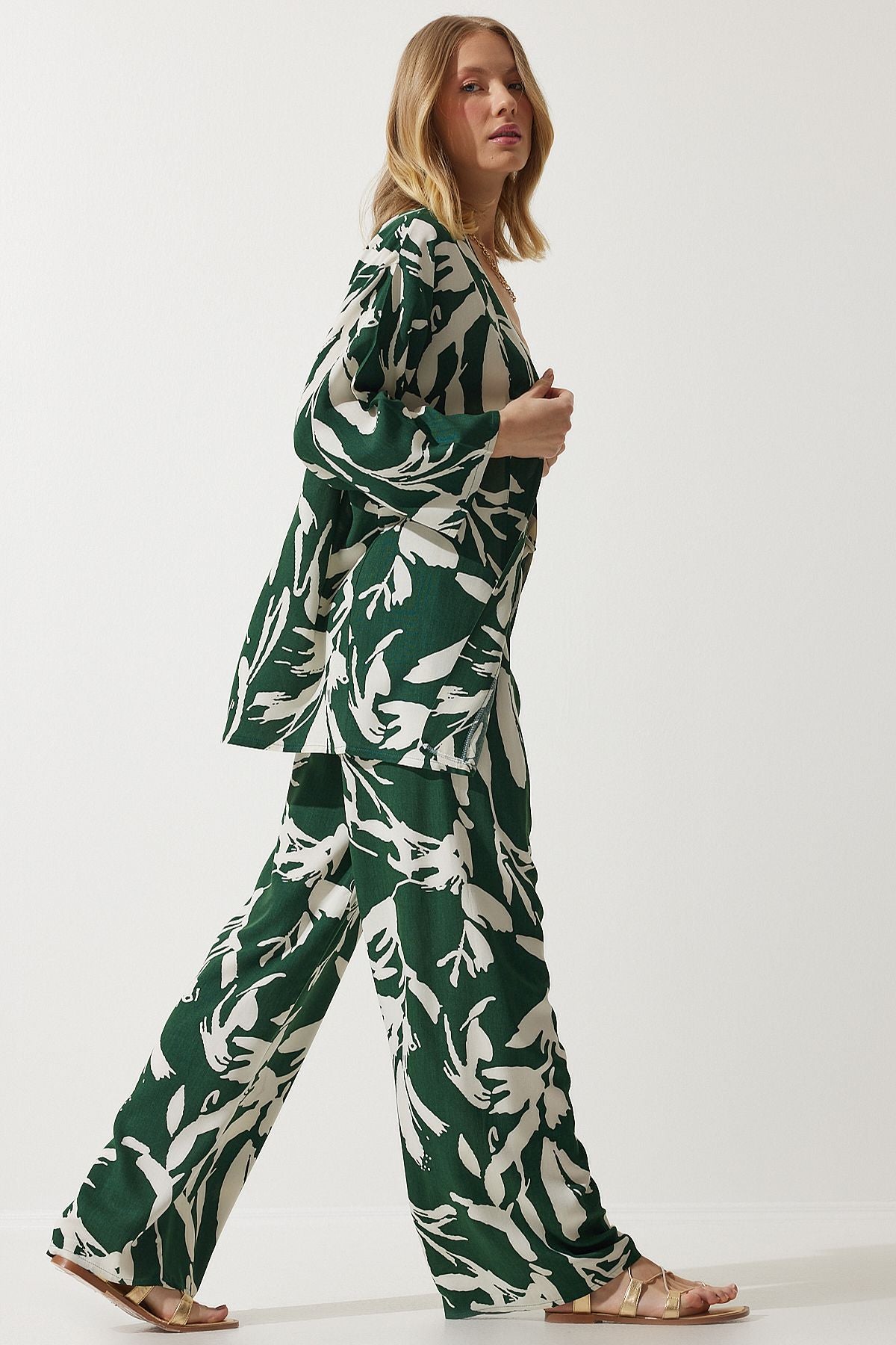 Women's Green Patterned Kimono Palazzo Pants Set EN00614