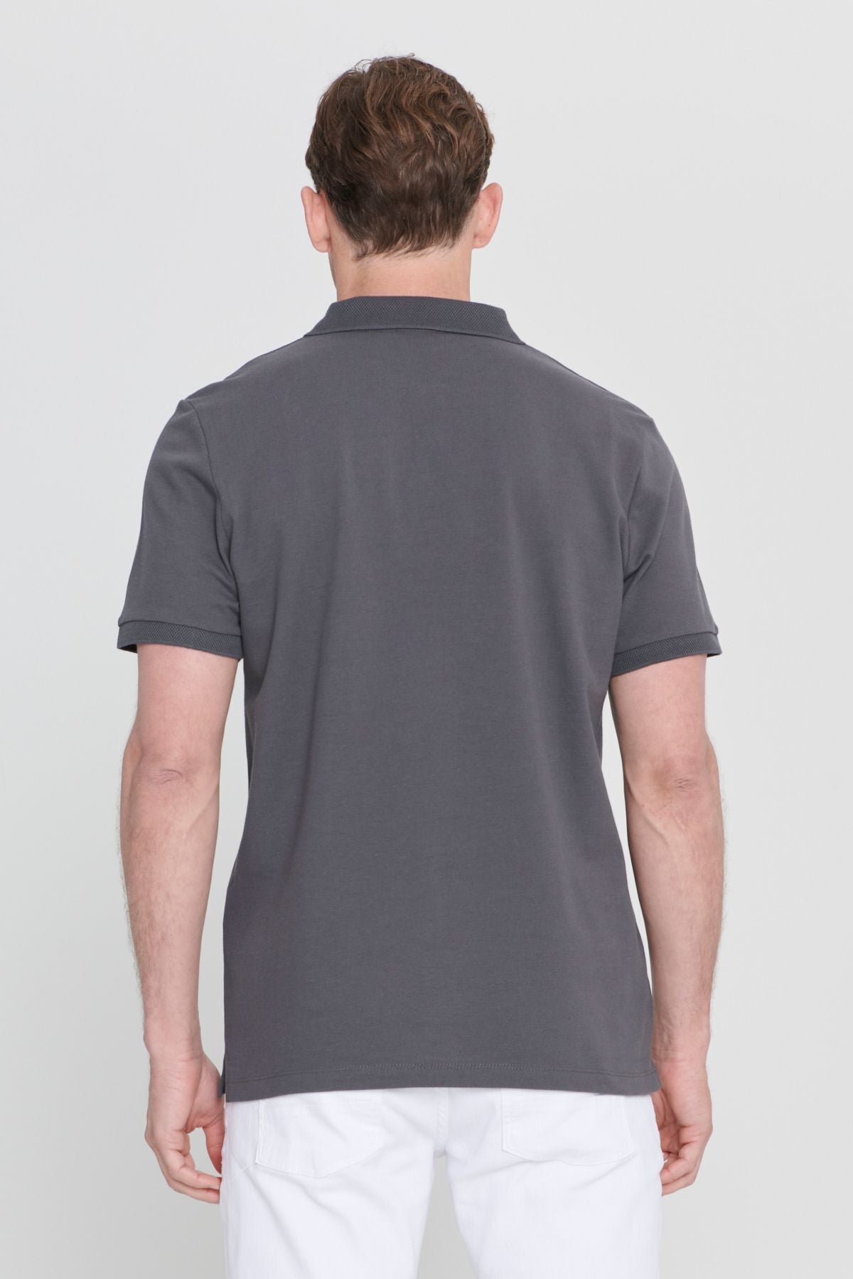 Men's anthracite 100 %cotton curved pike polo collar slim fit narrow cut t -shirt