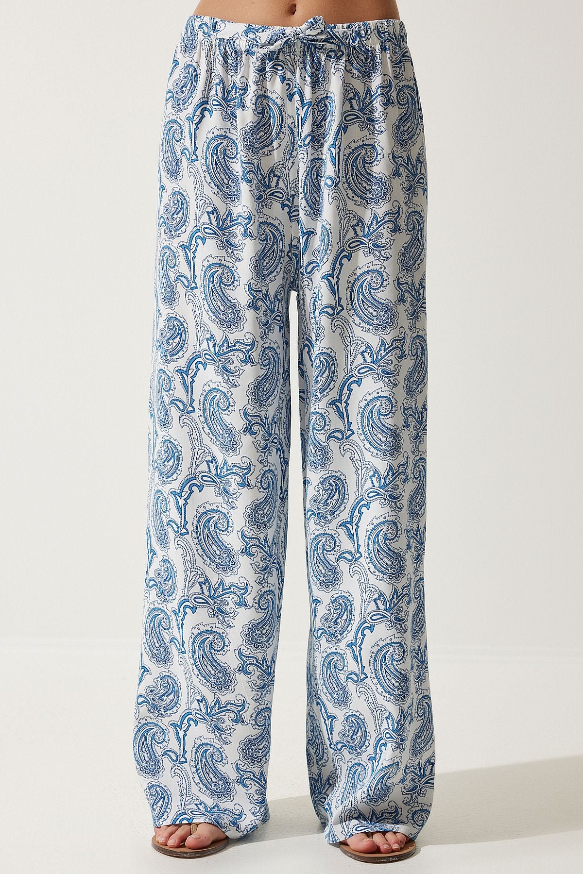 Woman White Light Blue Patterned Raw Linen Palazzo Pants BH00397