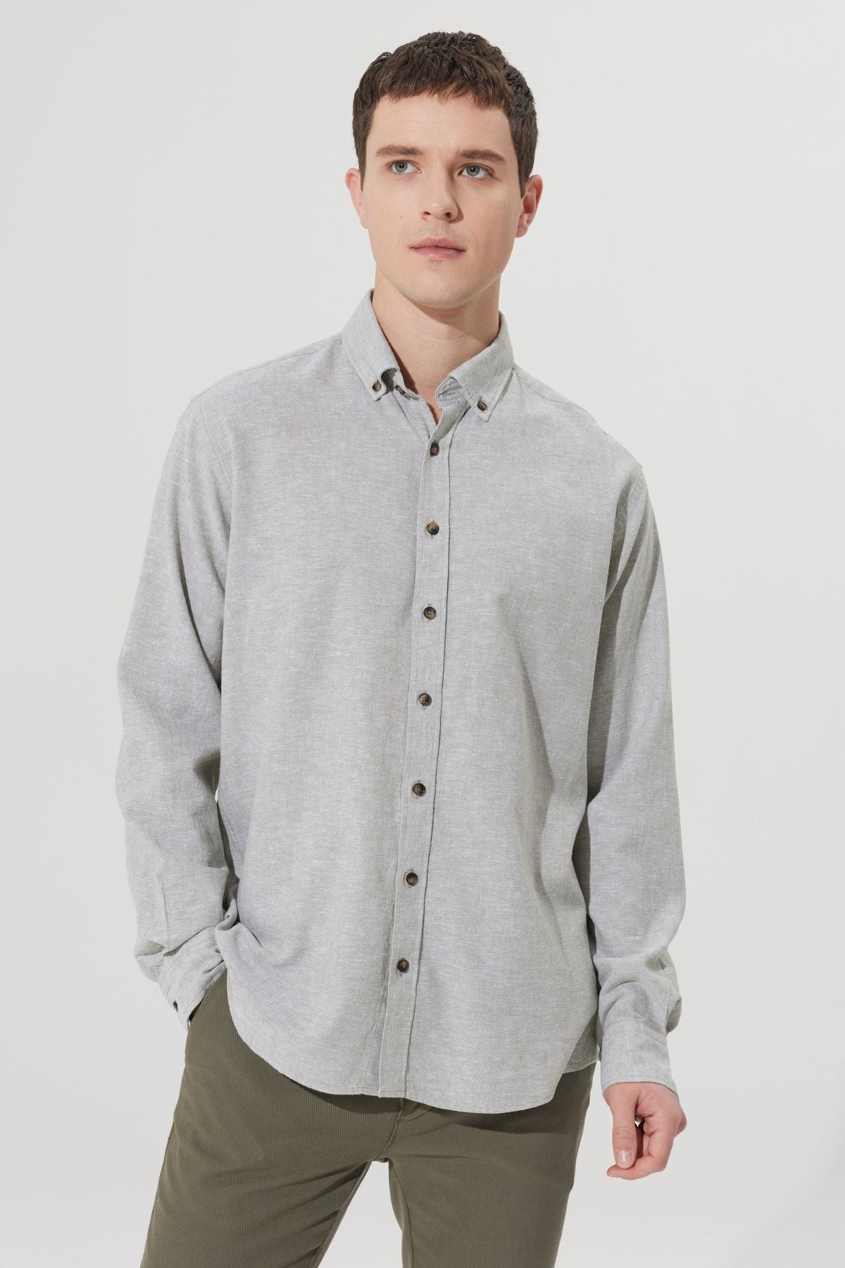 Men's Khaki Linen Comfort Fit Casual Cutting buttoned collar shirt