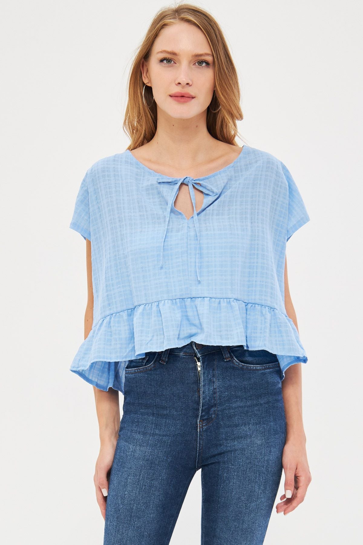 Female Bebe Blue Bl Bat Arm collar connecting skirt frilly overwheeling Crop blouse ARM-24Y001088