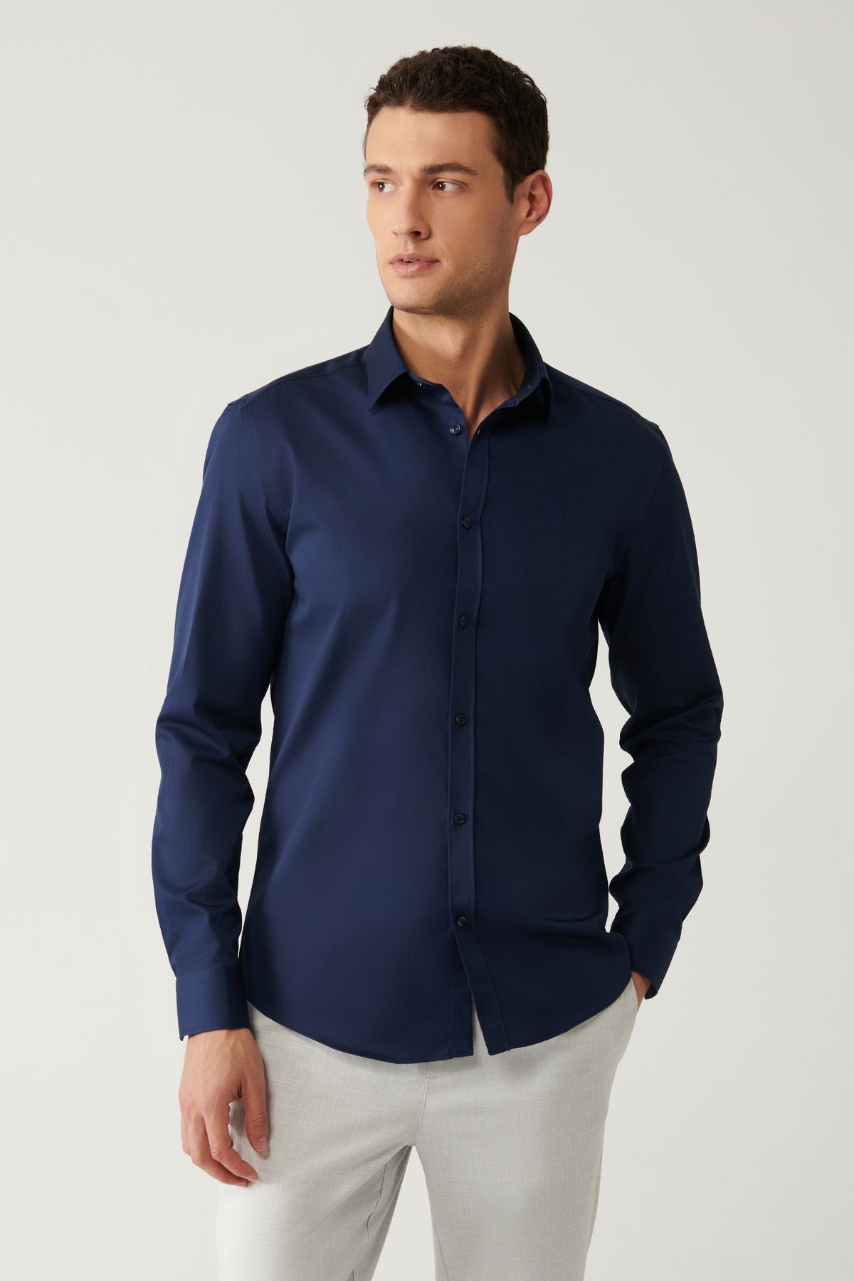 Men's navy blue classic collar 100 %cotton satin shirt B002006