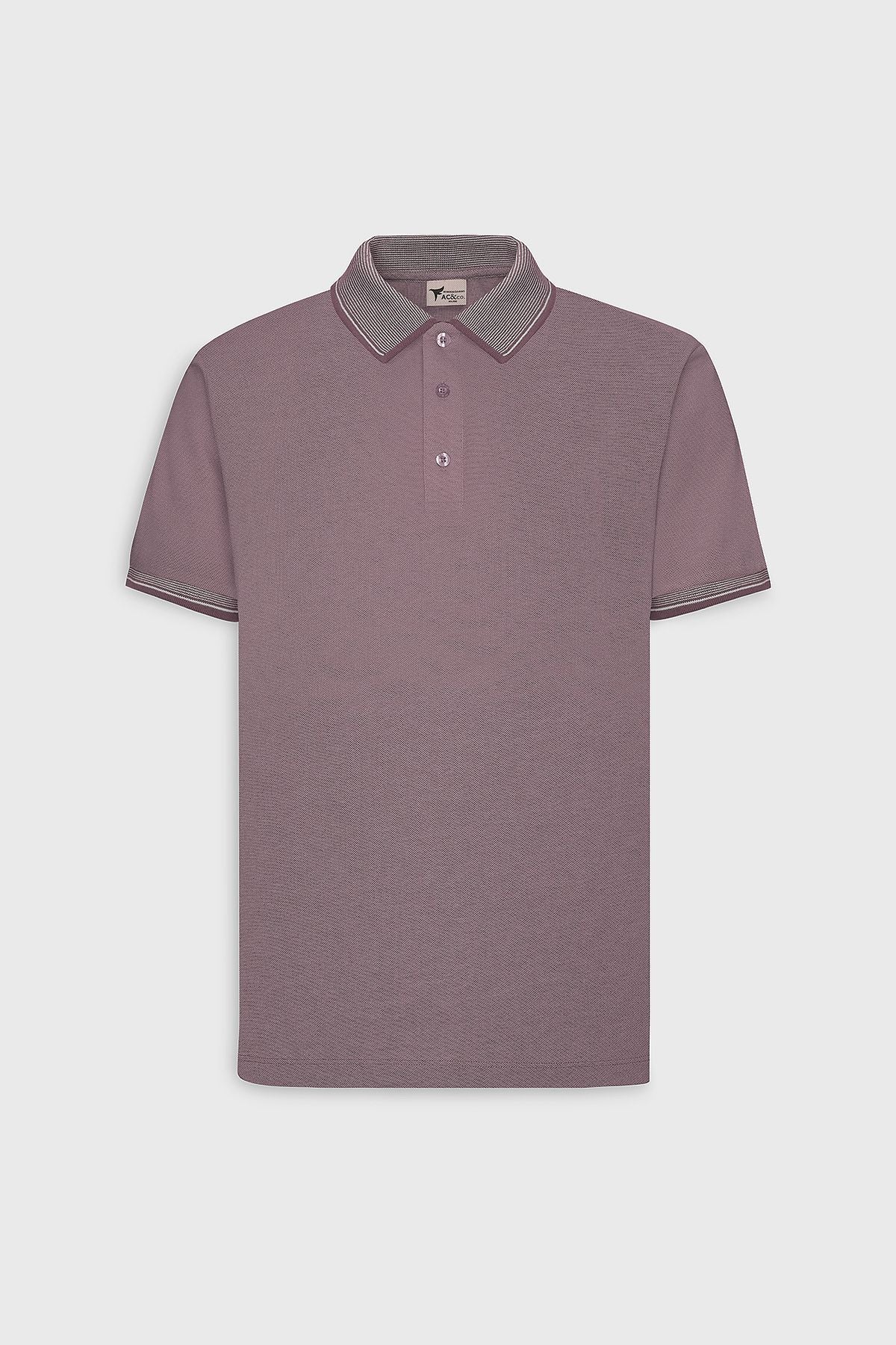 Men-Plugging Cotton Fabric Slim Fit Narrow Cut Burgundy Curled Polo Yaka T-shirt