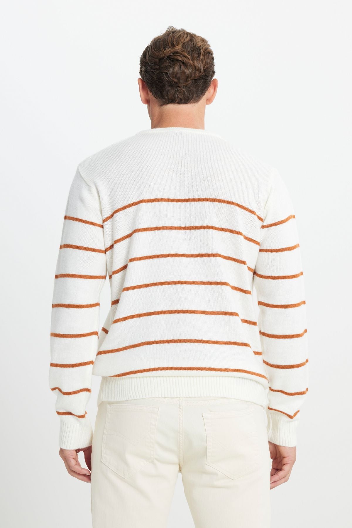 Men's Ecru-Karamel Standard Fit Normal Cut Normal Cycling Bicycle Yaka striped knitwear sweater