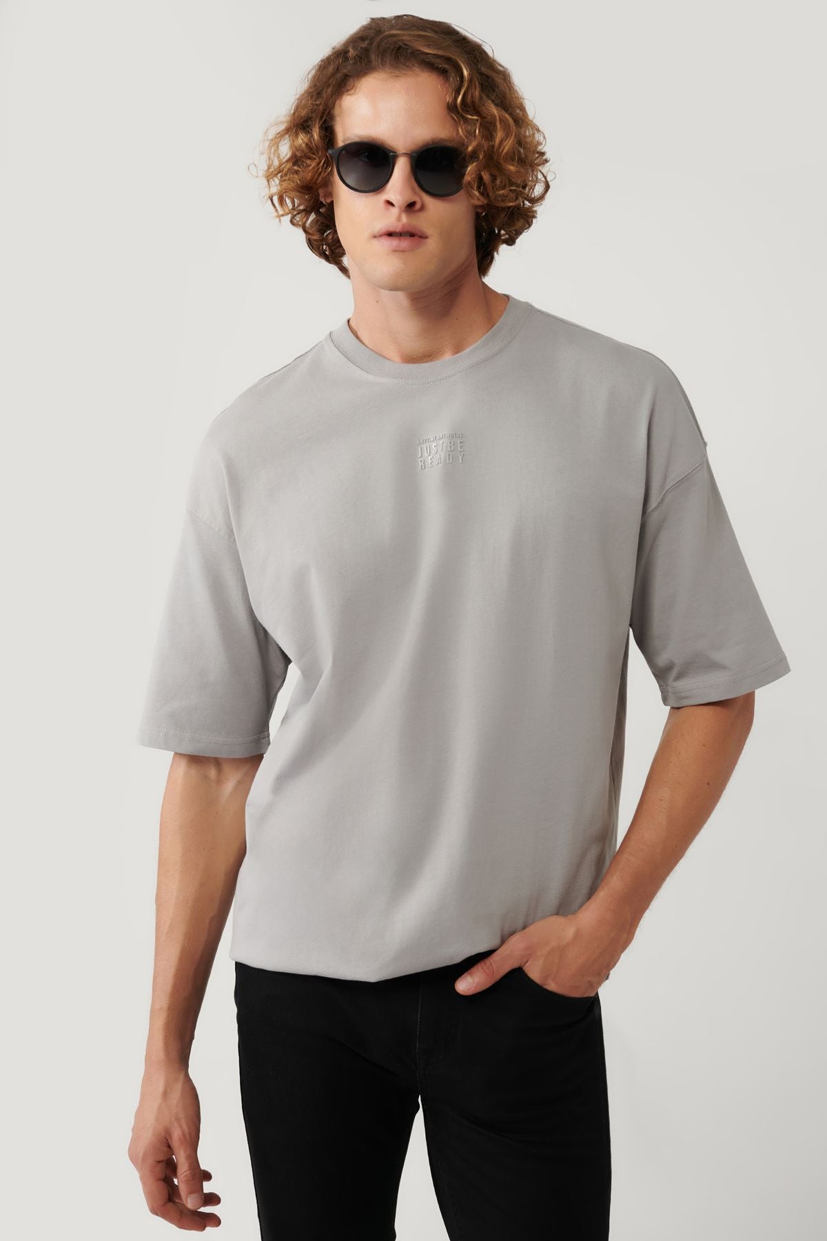 Men's Gray 100 %Cotton Bicycle Collar Printed T-Shirt A41y1325