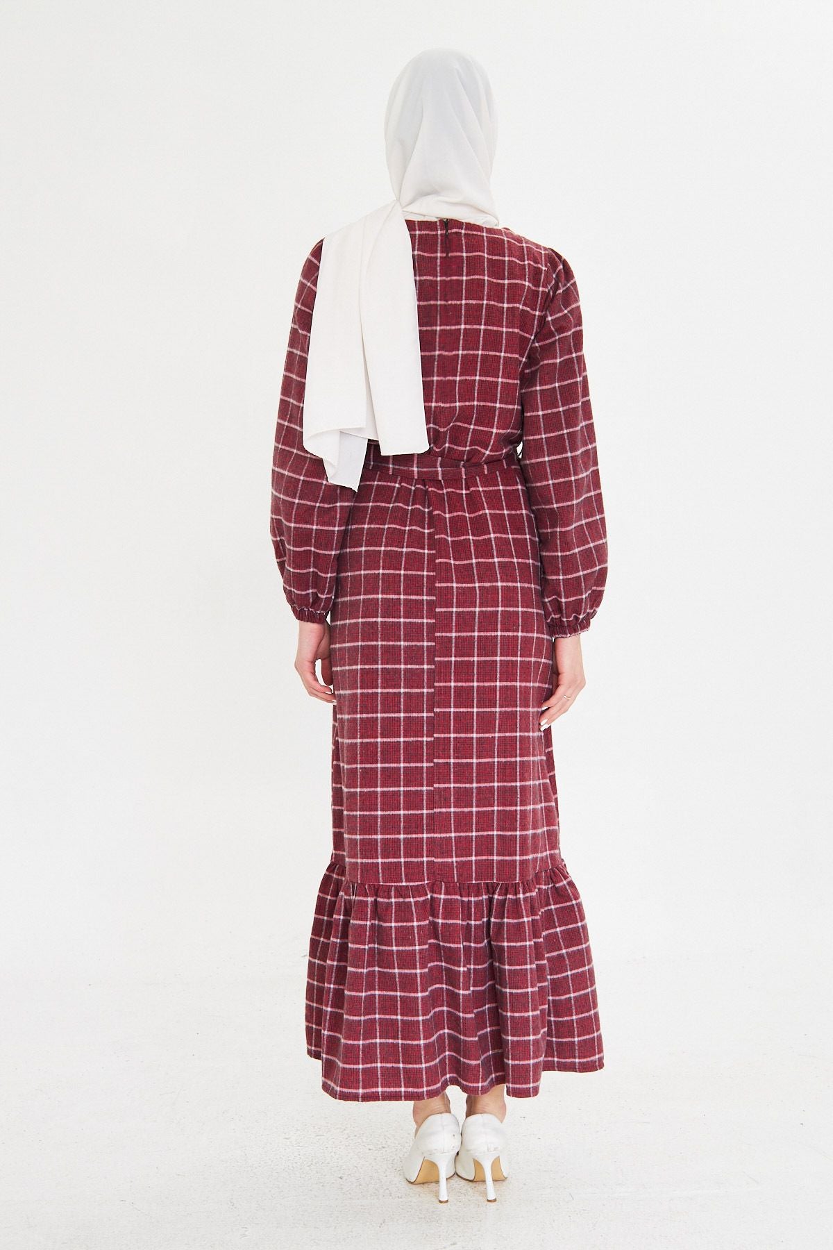 Female Bordeaux Zero Back Back Zipper Skirt Long Hijab Dress with Ruffle Born Arm-25k001102