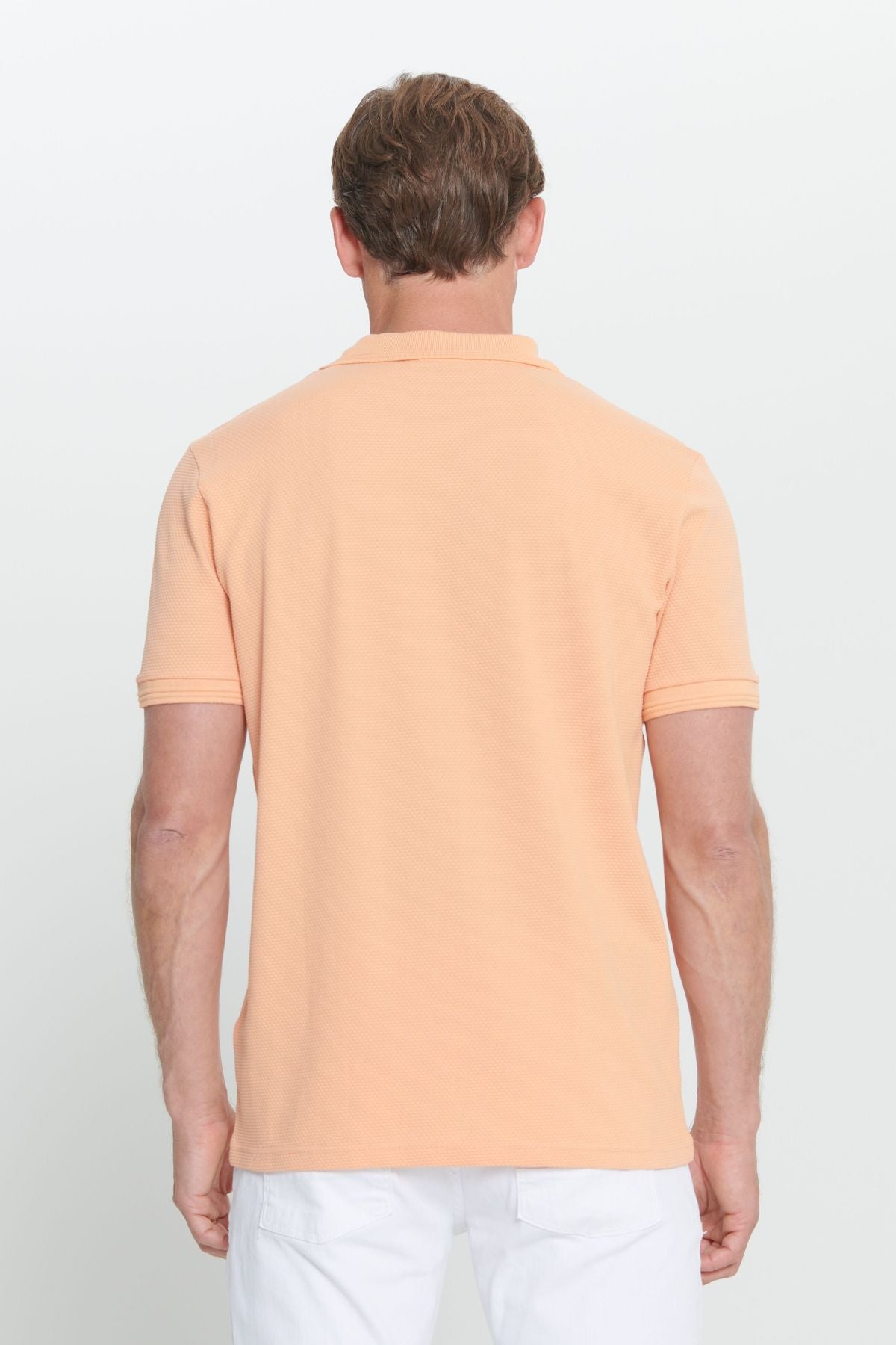 Men's open orange slim fit narrow cut polo collar printed cotton T -shirt