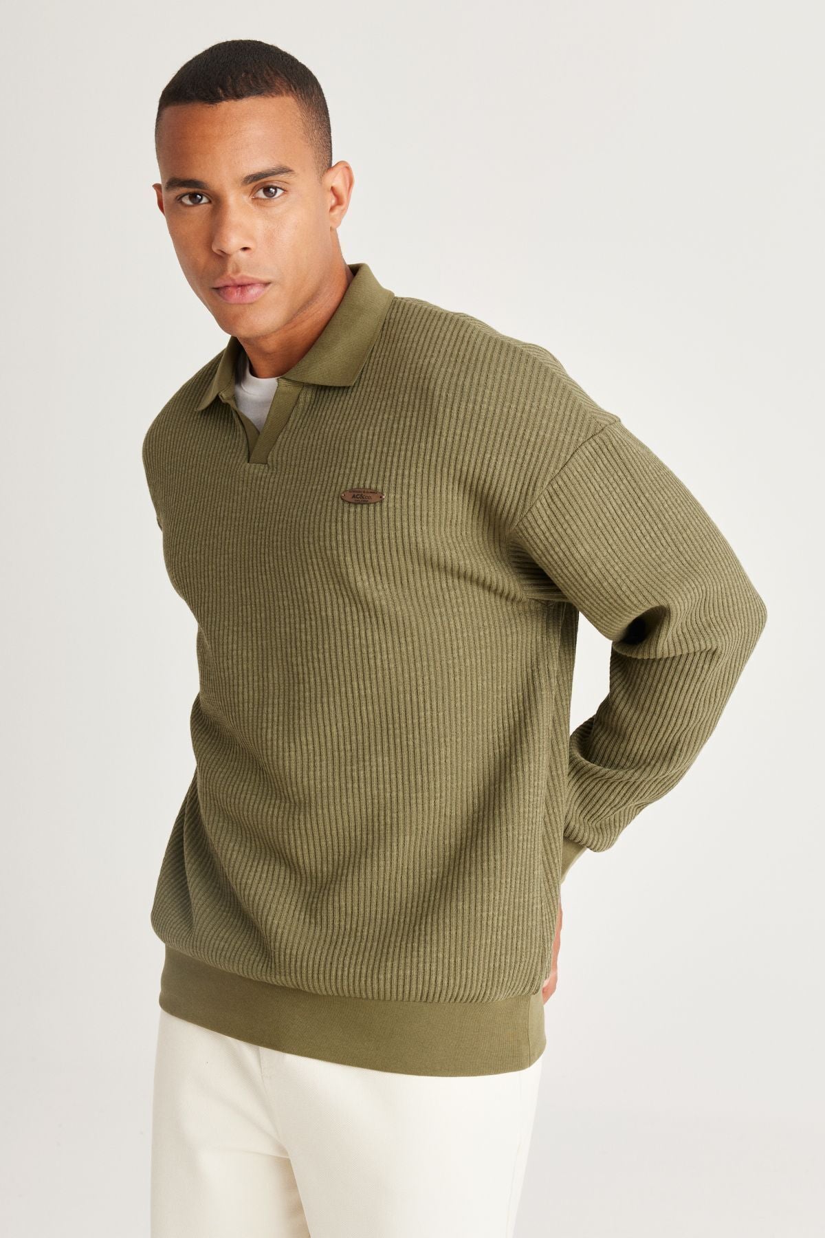 Men's Khaki Loose Fit Içi Polar 3 IP Polo Yaka Jacquard Sweatshirt