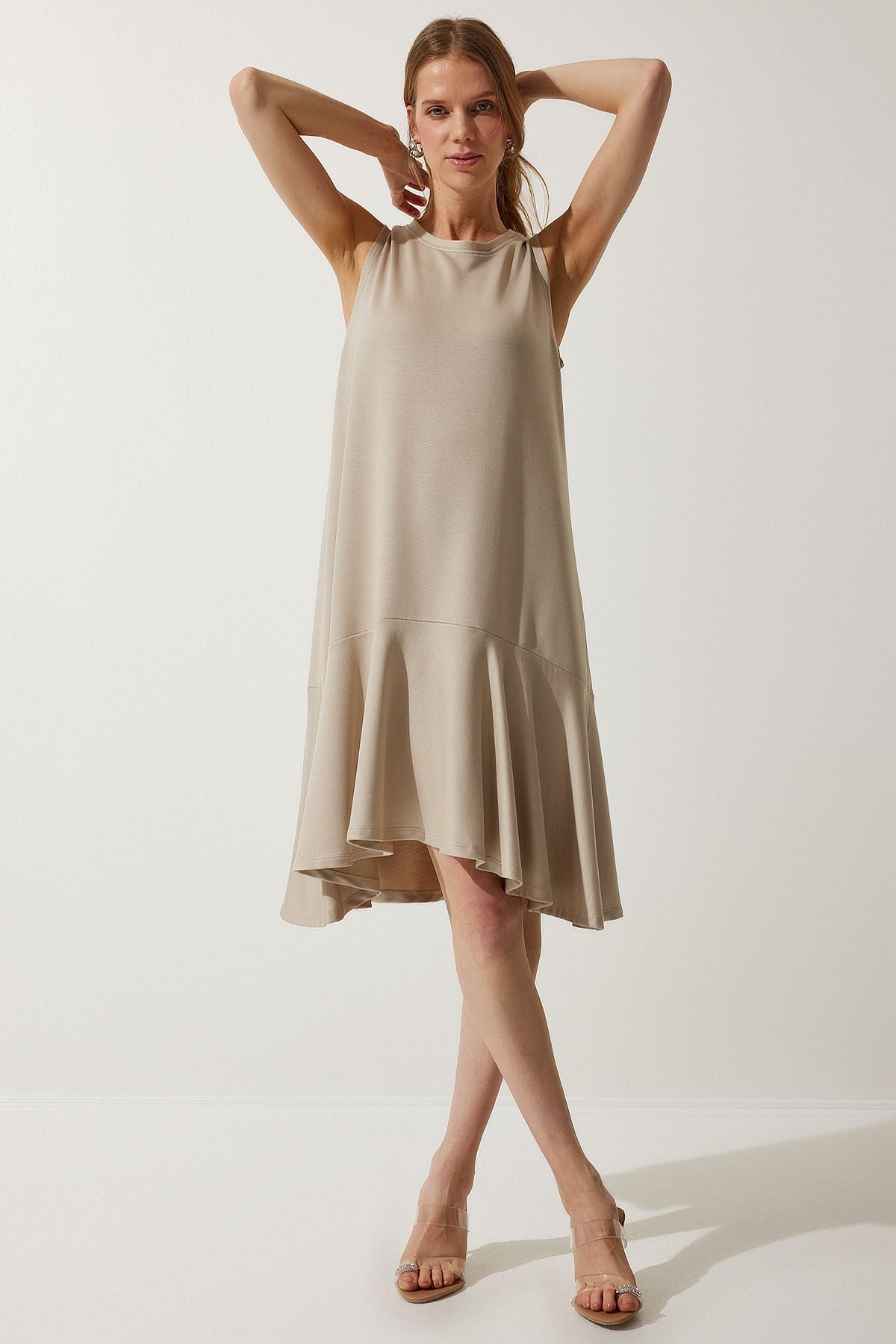 Female Beige Bike Neckling Flated Bell Dress BF00089