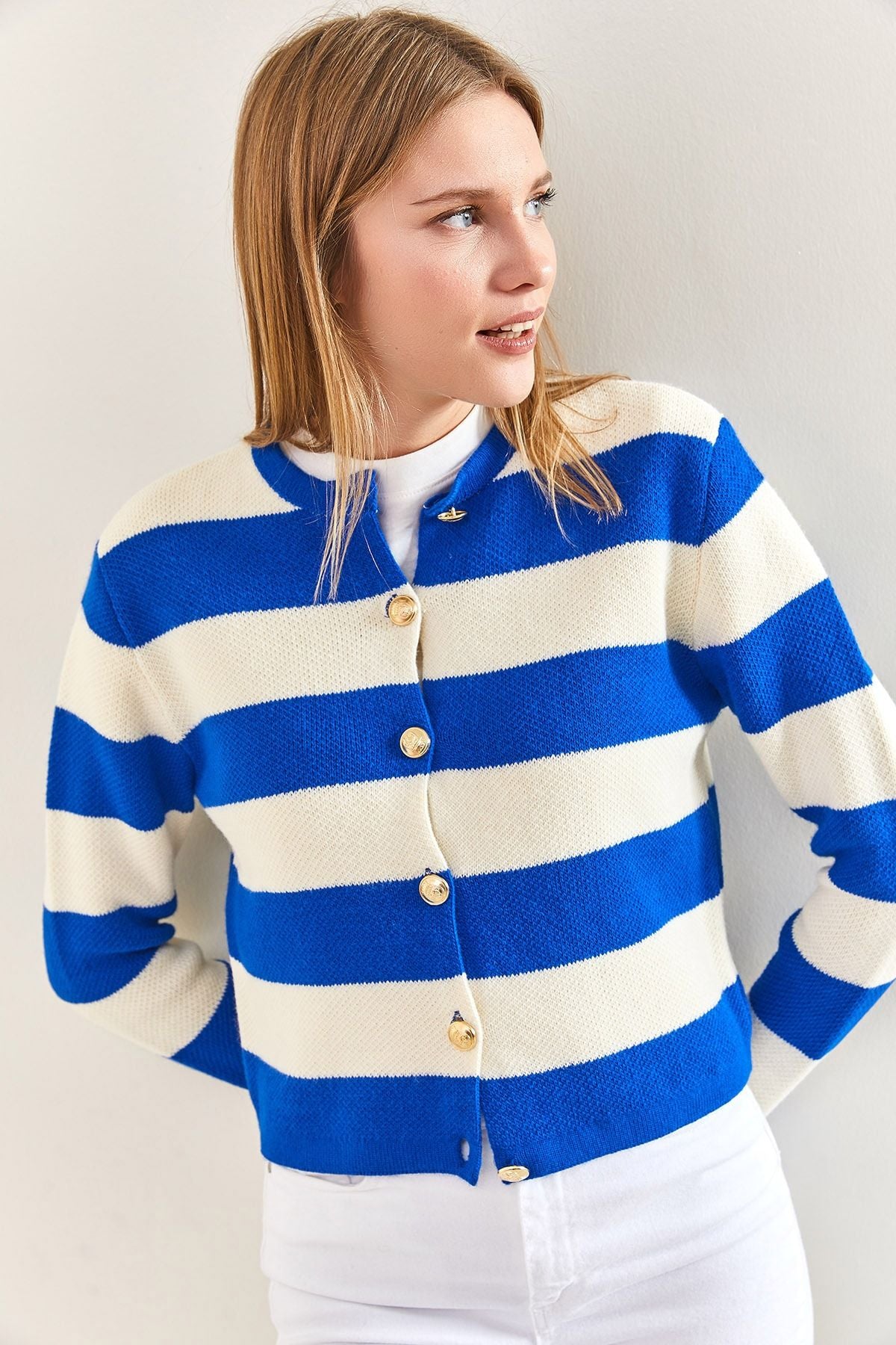 Women's metal button thick striped knitwear cardigan