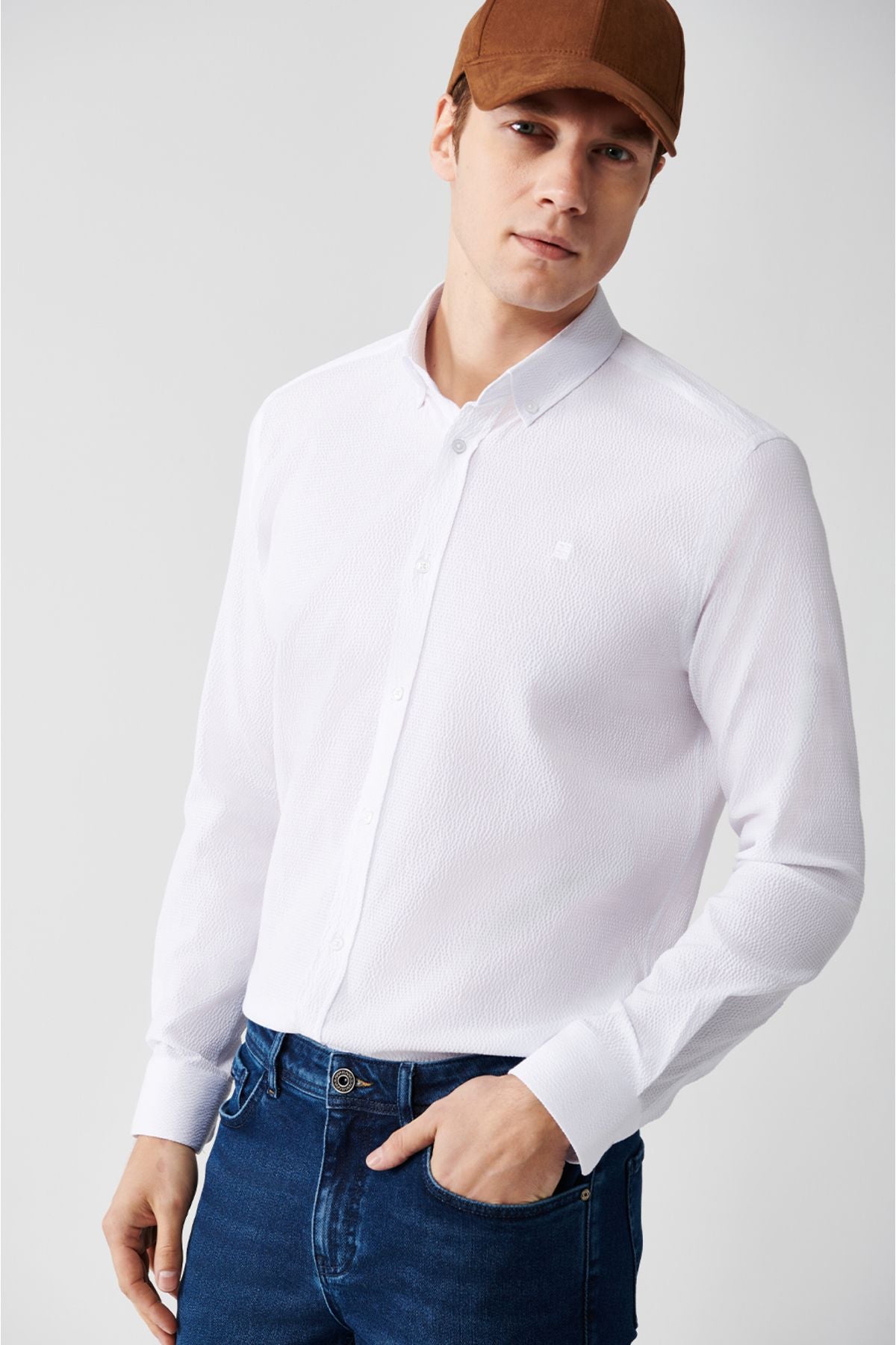Men's white button collar Seersucker cotton shirt A32Y2071