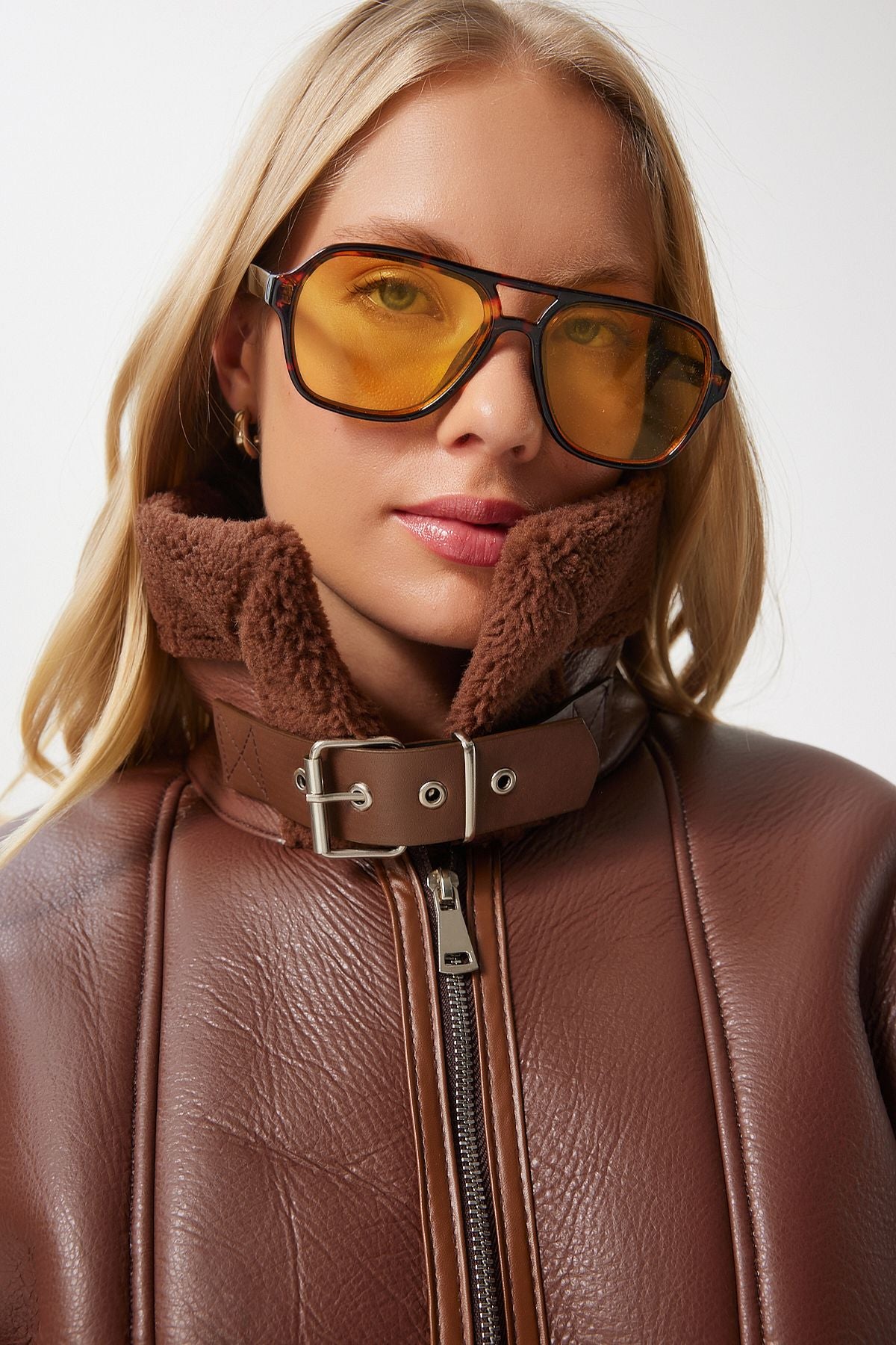 Female Brown Artificial Fur Artificial Leather Biker Jacket RV00202