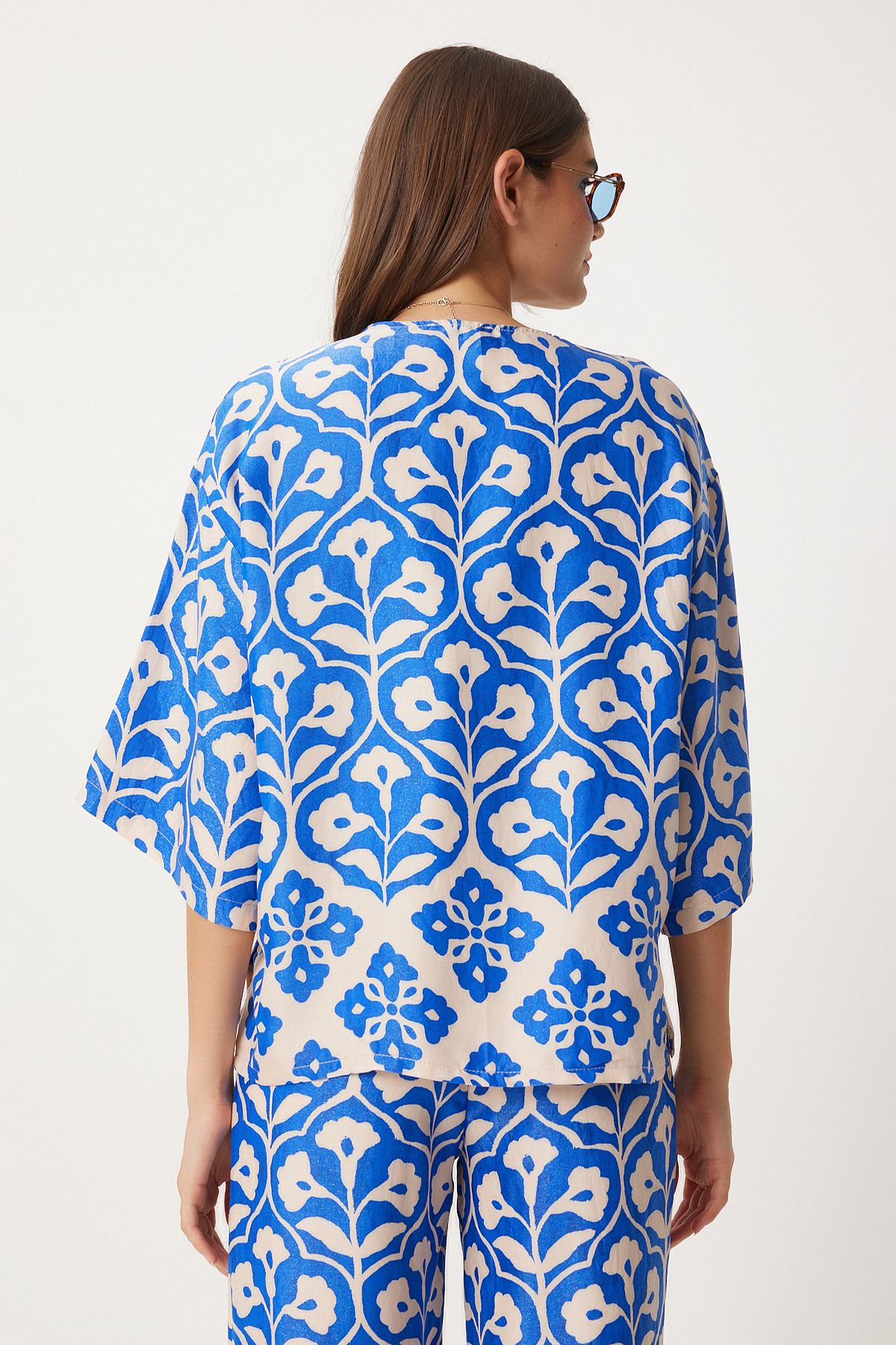 Female Blue Cream Patterned Viscose Blouse Palazzo Set FN03278