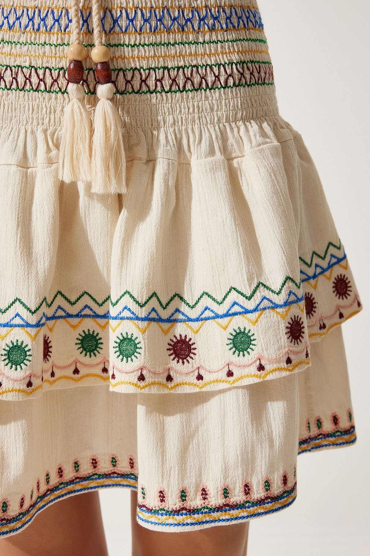 Female Beige Ethnic Patterned Raw Linen Skirt RG00014