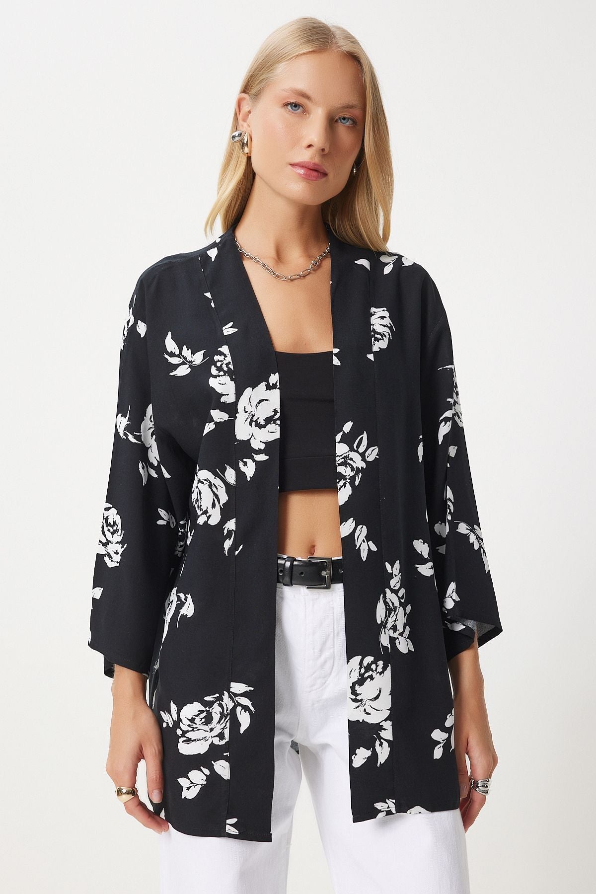 Female Black Patterned Viscose Kimono EN00615