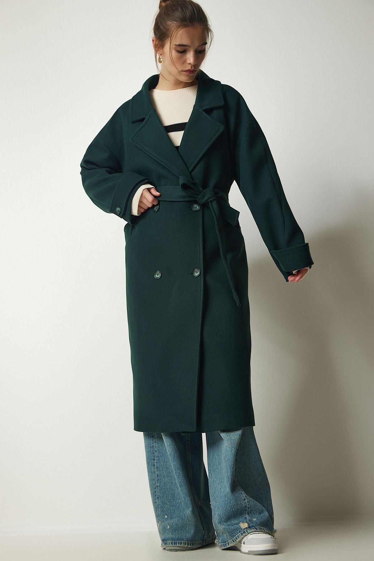 Female Emerald Green Cruve Cruve Baded Oversize Stamp Coat to00115