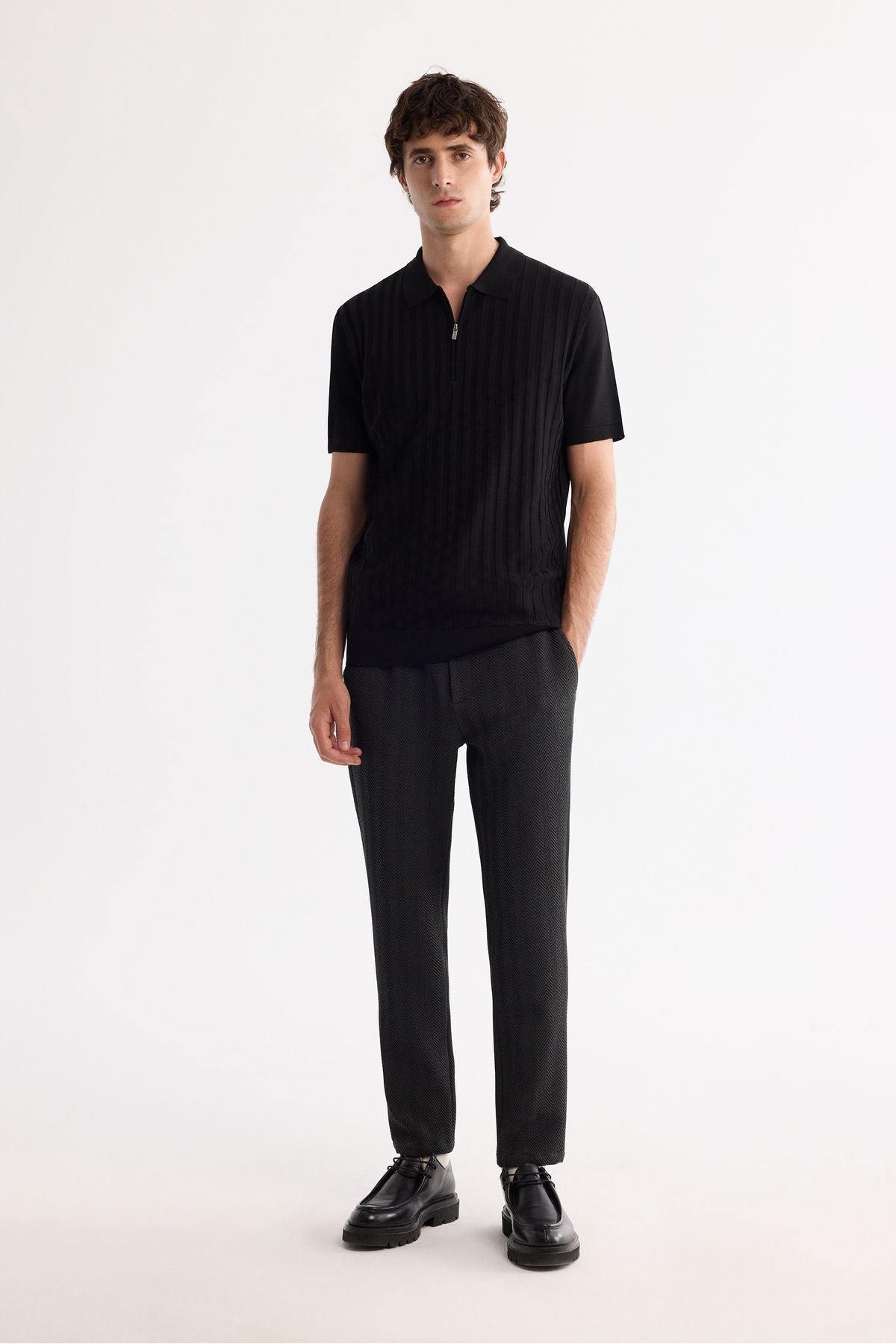 Men's Black Polo Yaka Zipper Rayon Triko T-Shirt A42y5128