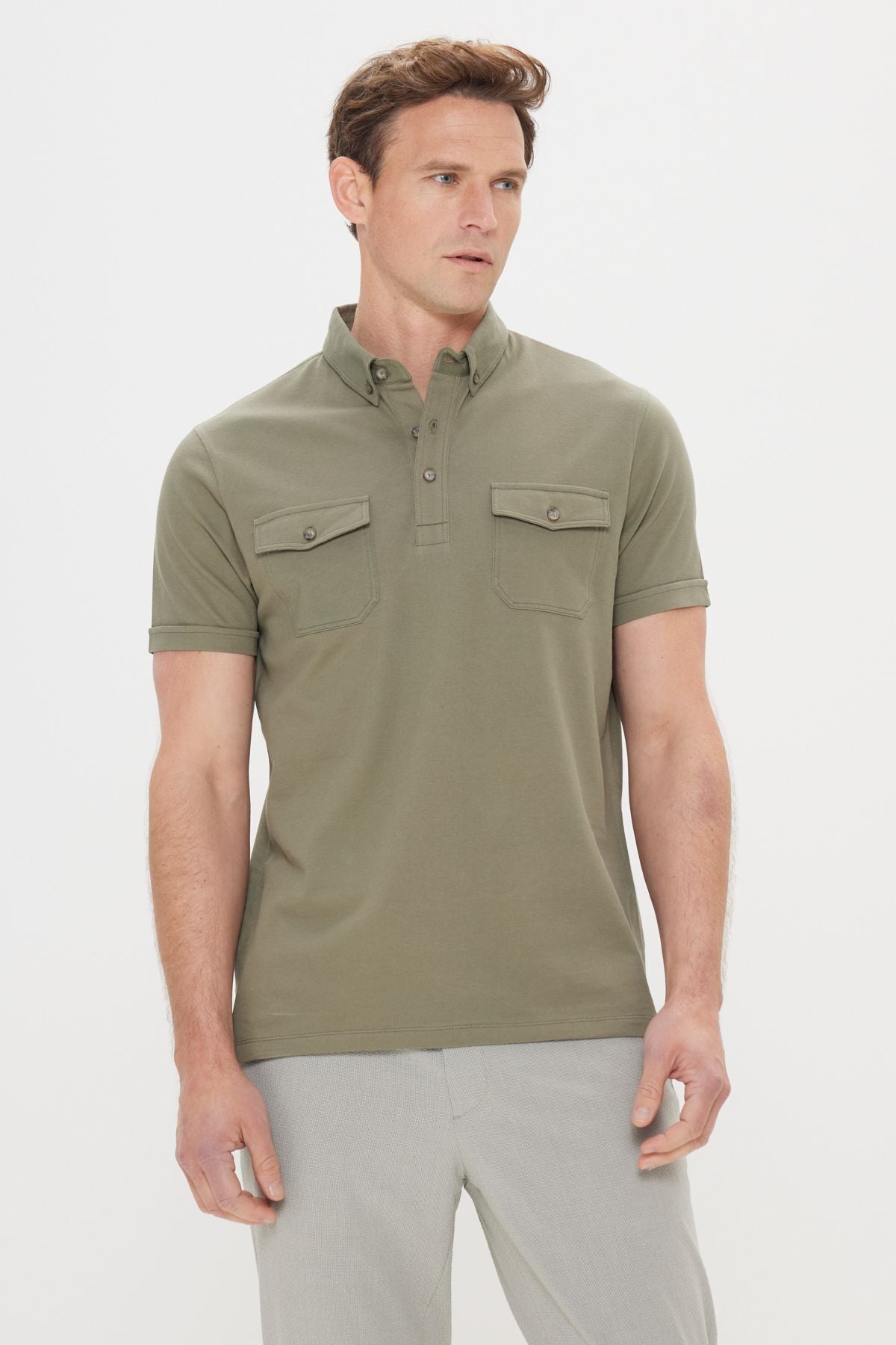 Male Khaki 100 %Cotton Slim Fit Narrow Cut Polo Yaka T -shirt