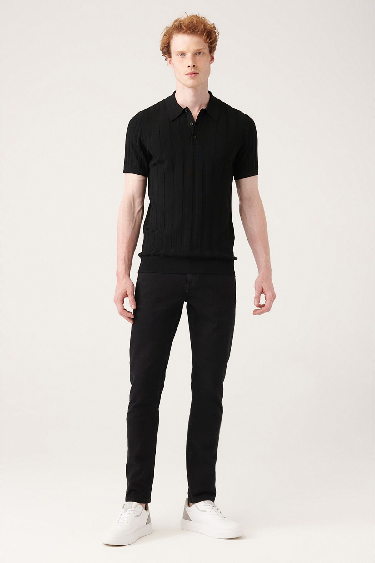 Men's black wick knitting detailed Polo collar knitwear T-shirt A31y5011