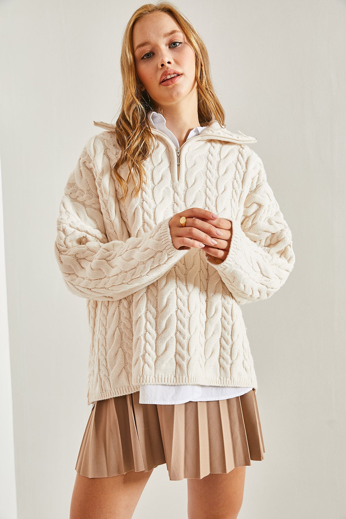 Women's Turtleneck Zippered Patterned Knitwear Sweater 40931017