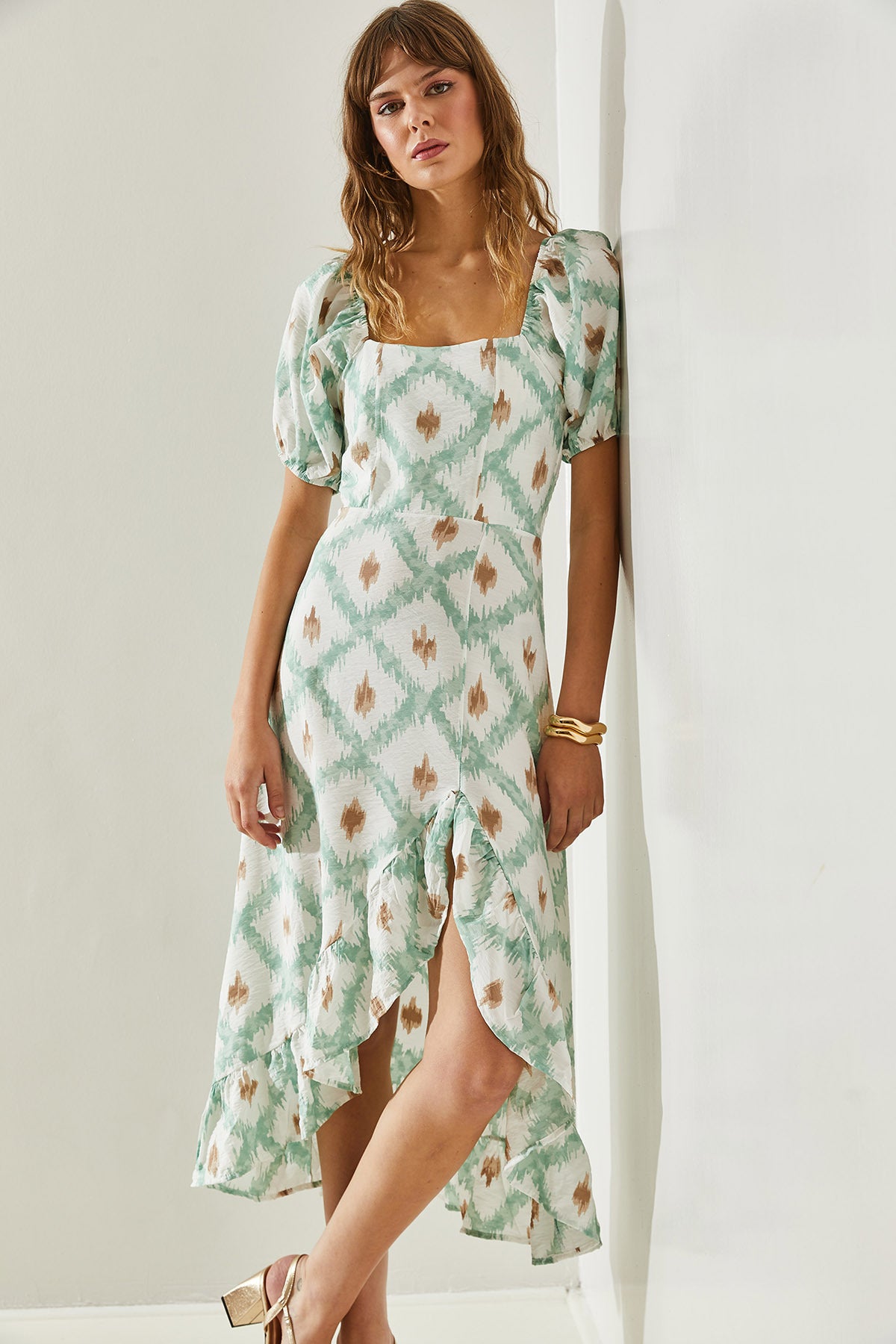 Women's Balloon Sleeve Ruffle Detailed Hidden Zipper Dress 60251373