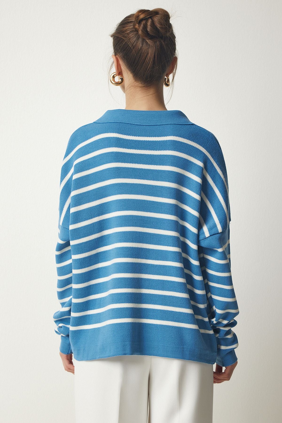 Woman Sky Blue Polo Yaka Crop Knitwear sweater US00293