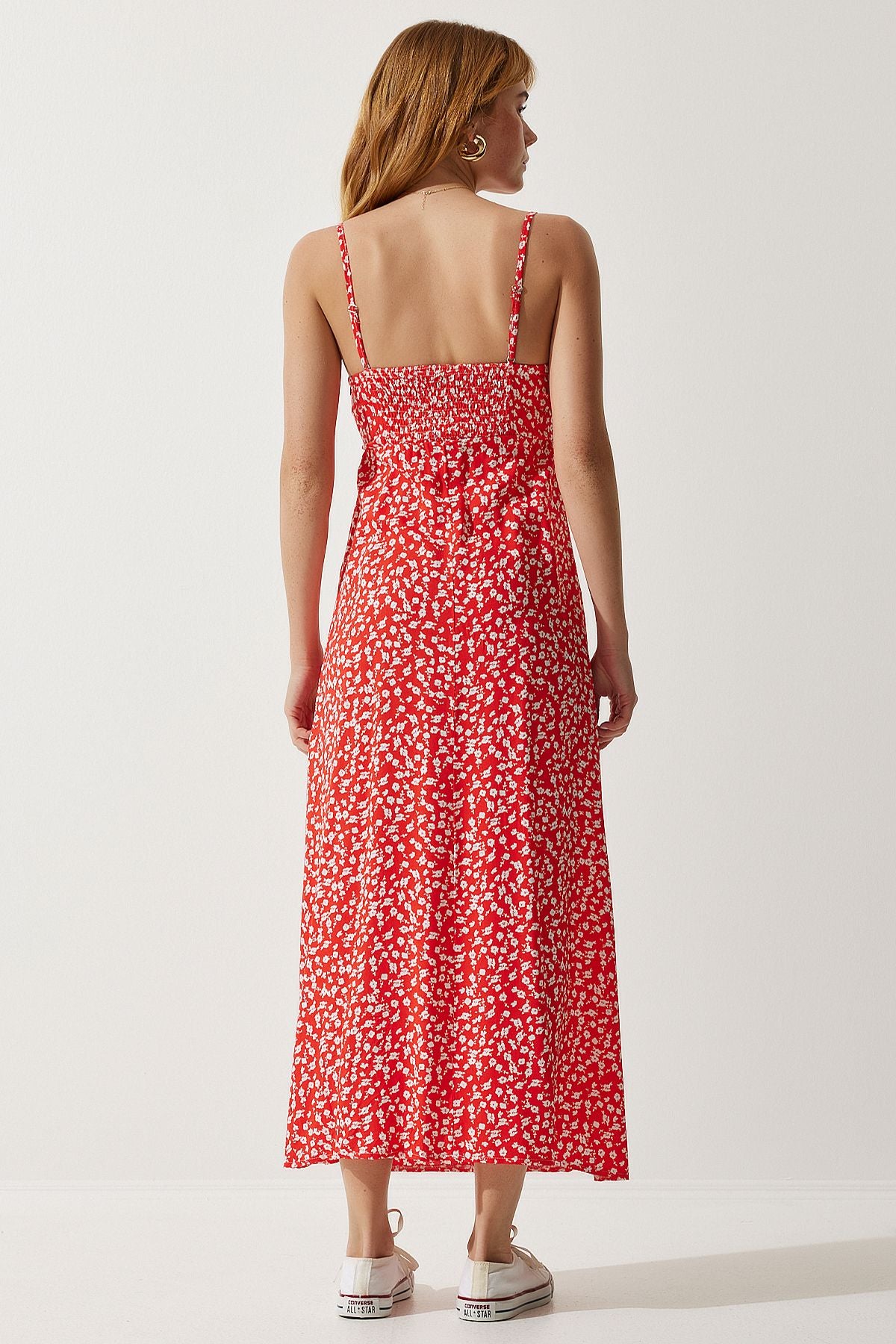 Female red strap patterned viscose dress ub00236