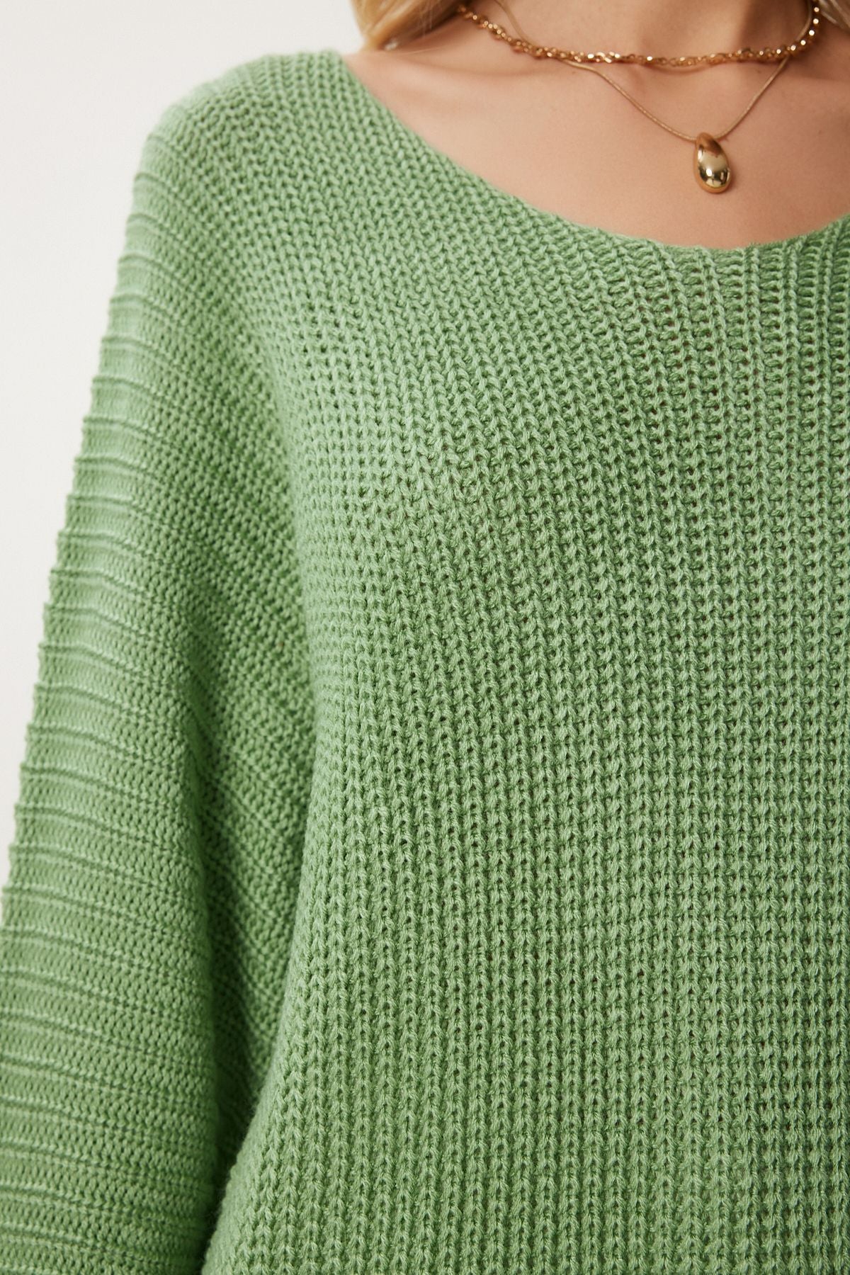 Women's Cagla Green V -Yaka Oversize Knitwear Kazakh YG00099