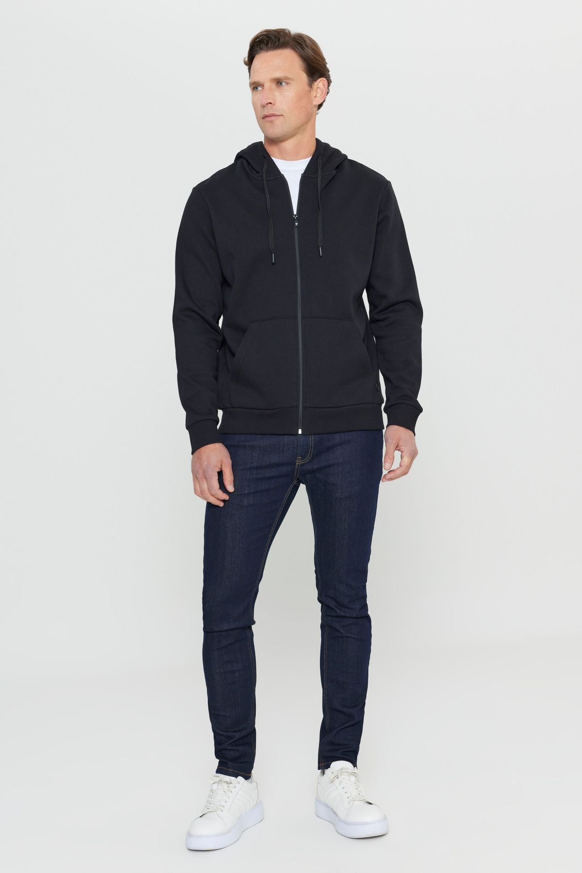 Men's Black Standard Fit Normal Cutting Içi Polar 3 -Tick Hoped Zippered Sweatshirt Jacket