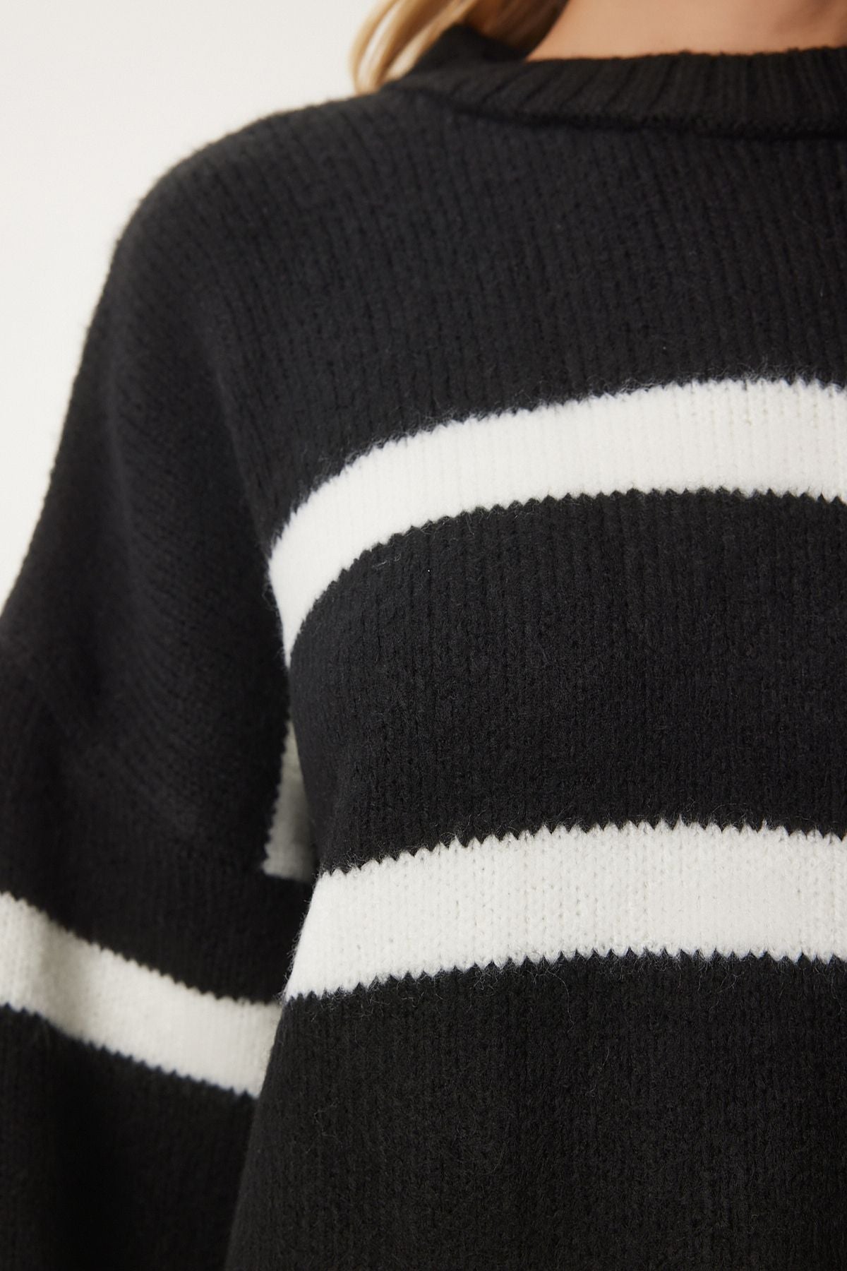 Female Black Ecru Bicycle Collar Striped knitwear sweater PF00107