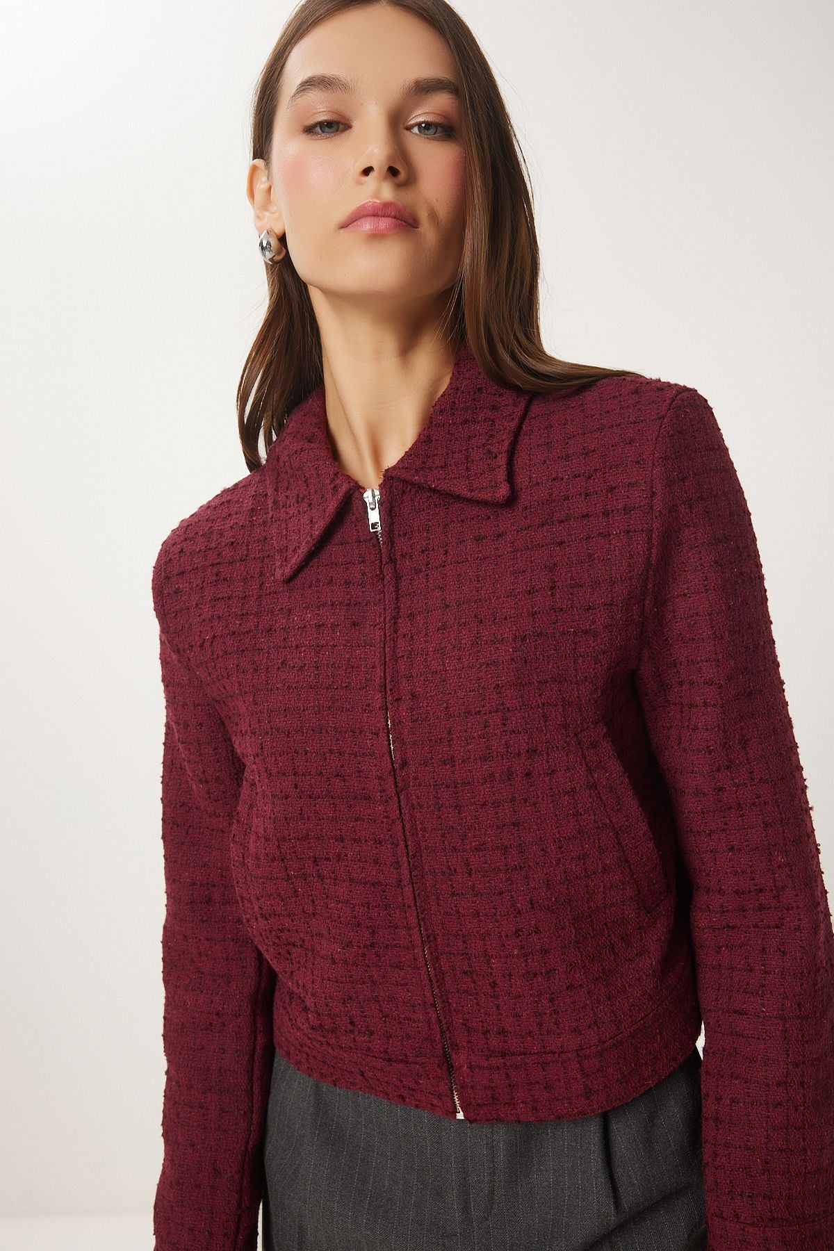 Female Bordeaux Zippered Shirt -collar Tüvit Jacket WF00069