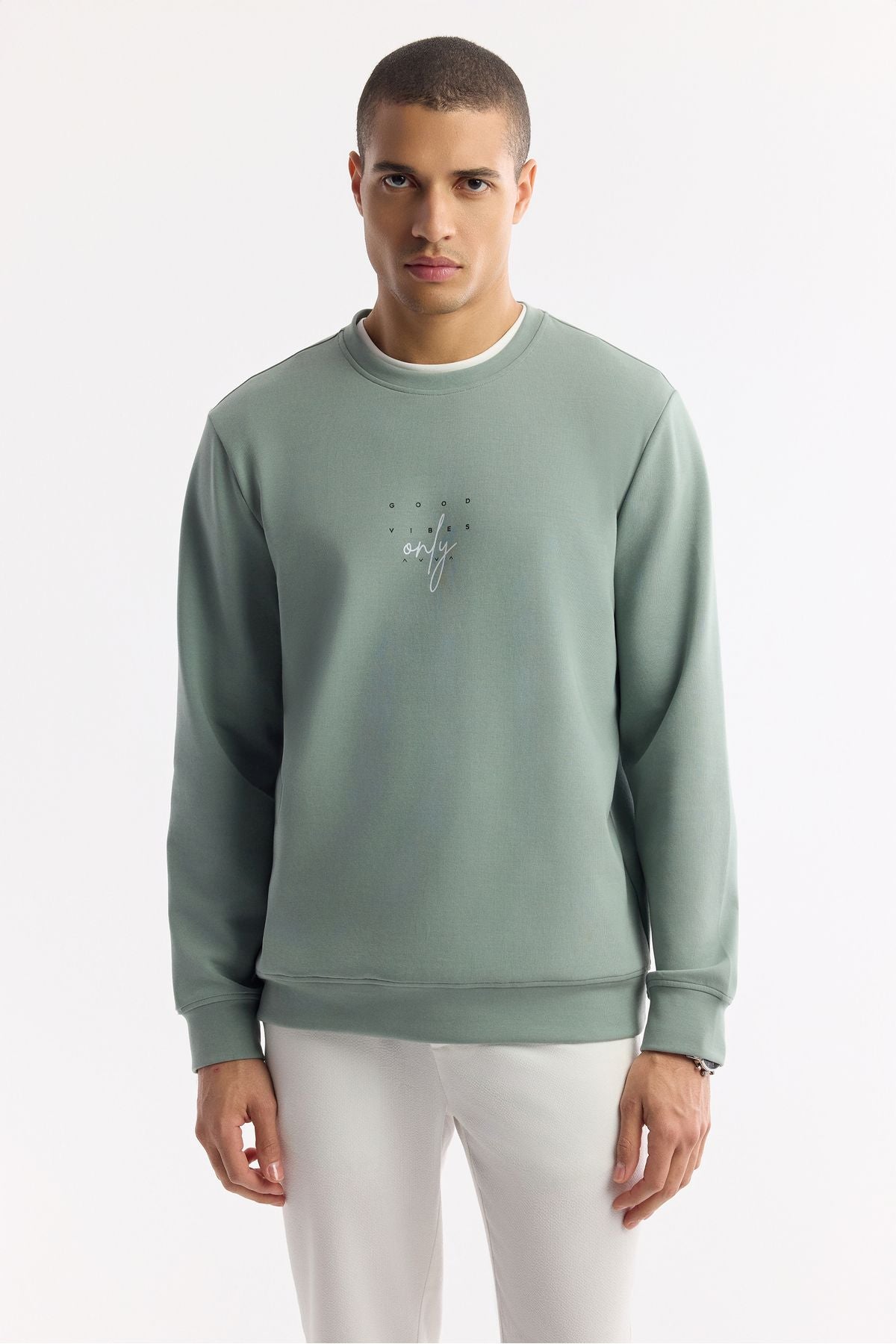 Men's Mint Green Bicycle Collar Printed Interlok Sweatshirt A51y1235