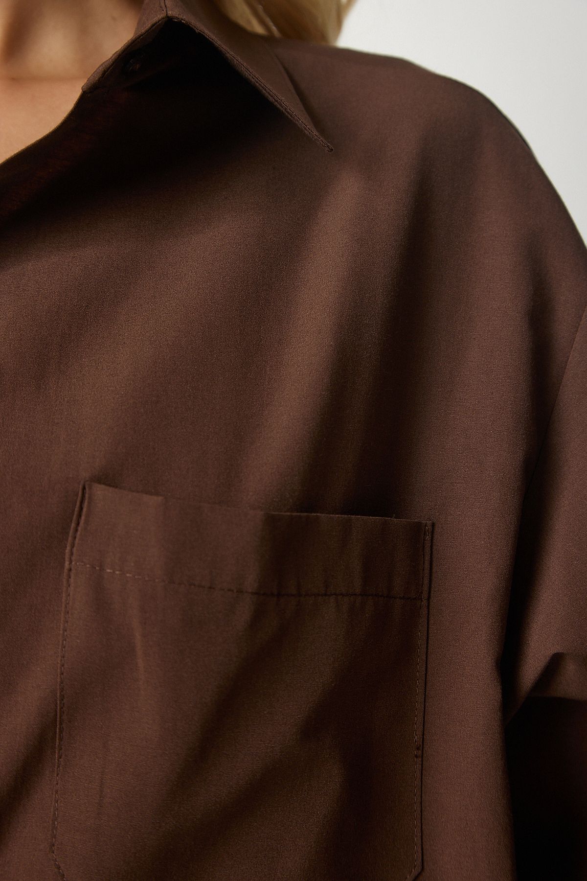 Female Brown Single Pocket Boyfriend Poplin Shirt CY00014